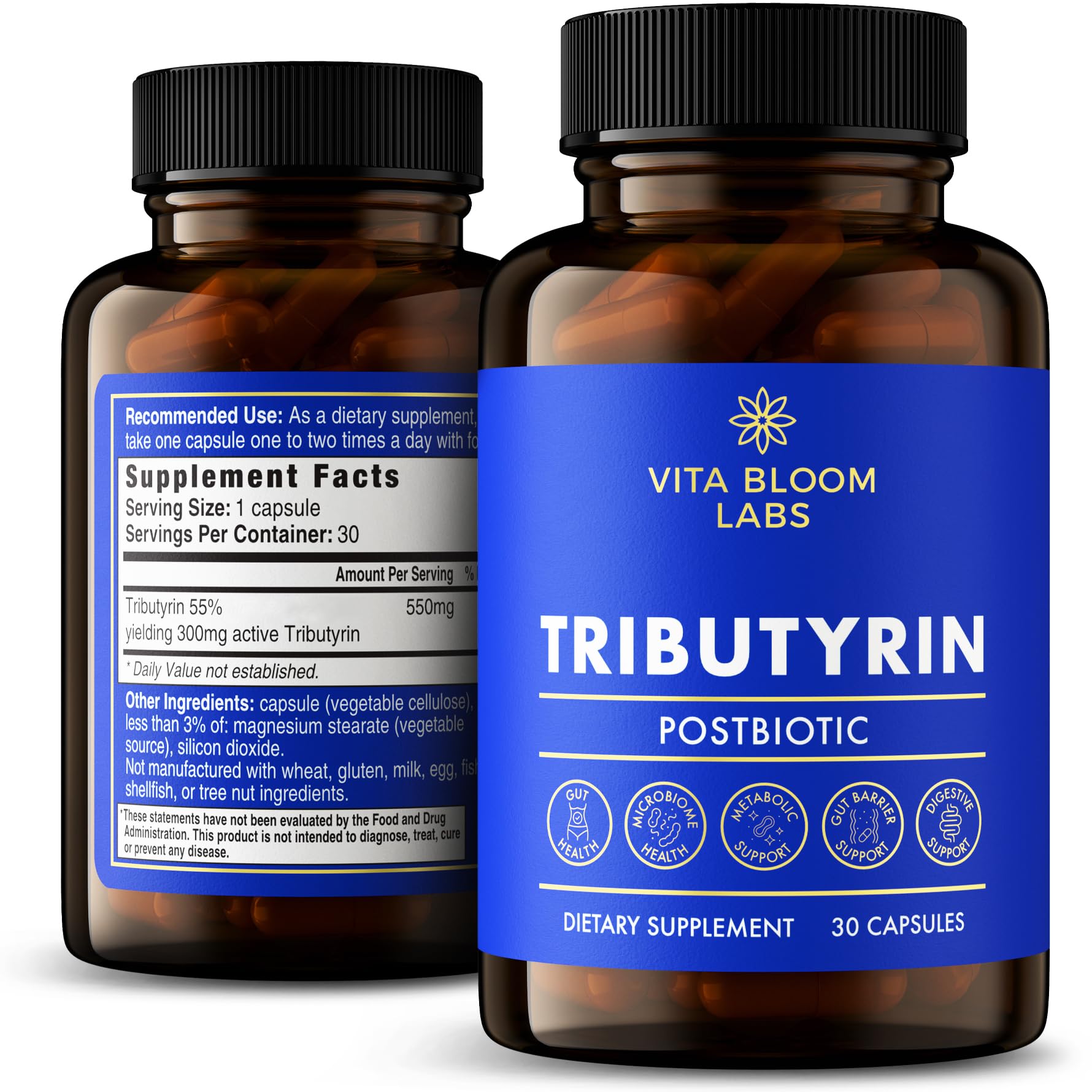 Tributyrin Supplement - Better Delivery & More Effective than Sodium Butyrate - Gut Health & Digestive Support - 3-in-1 Butyrate Postbiotics for Leaky Gut & Gut Barrier Support - 30 Capsules