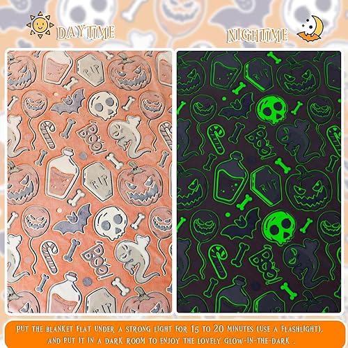 Miniatura 6 de Manta de Halloween para niños y adultos, manta de Halloween que brilla en la oscuridad, con estampado espeluznante de calabaza, murciélago,