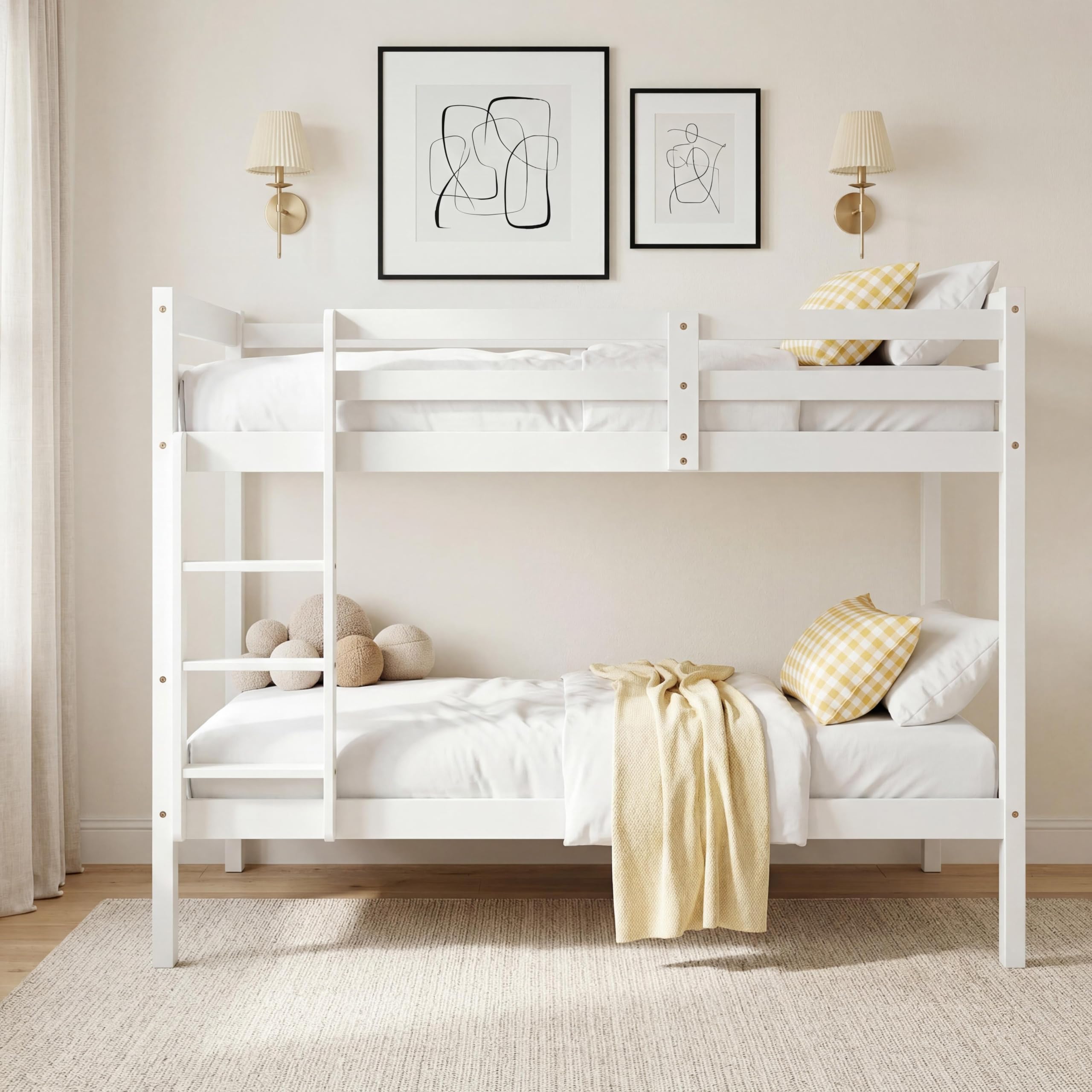 Panana 3FT Single Bunk Bed White Solid Pine Wood Bunky Bed for Kids
