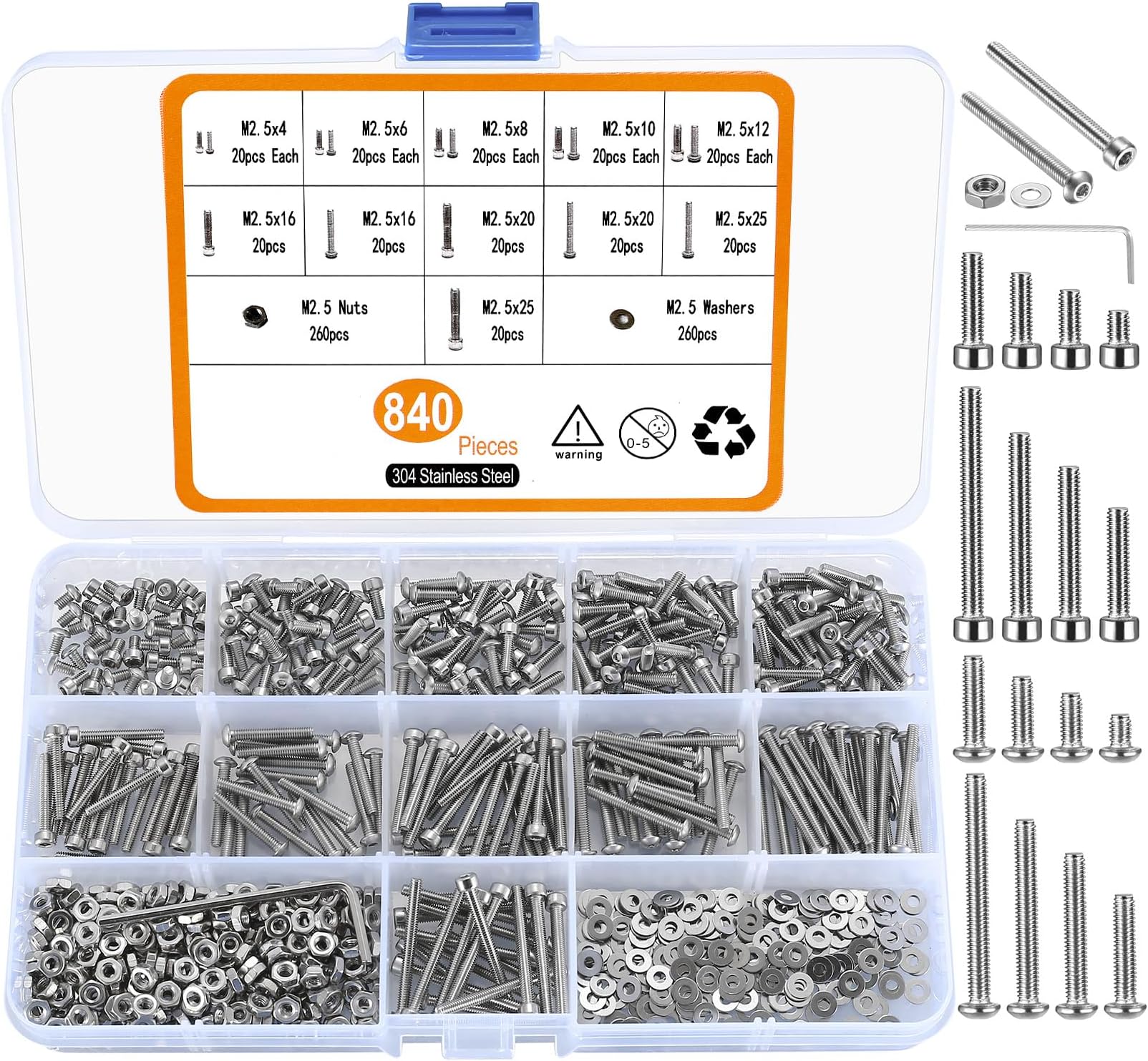 M2.5 Screw Set, 840 Hex Head Screws with Pan Head, Cylinder Nuts and Washers Assortment Kit, Thread Screws Cylinder, Stainless Steel Screw Set