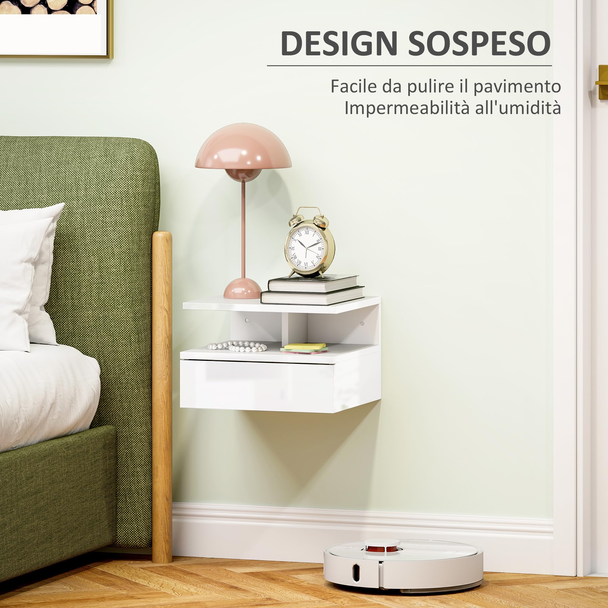 HOMCOM Comodino Sospeso per Camera da Letto con Cassetto e Ripiano Aperto, Comodino Moderno Salvaspazio in Legno, 35x32x22.5 cm, Bianco