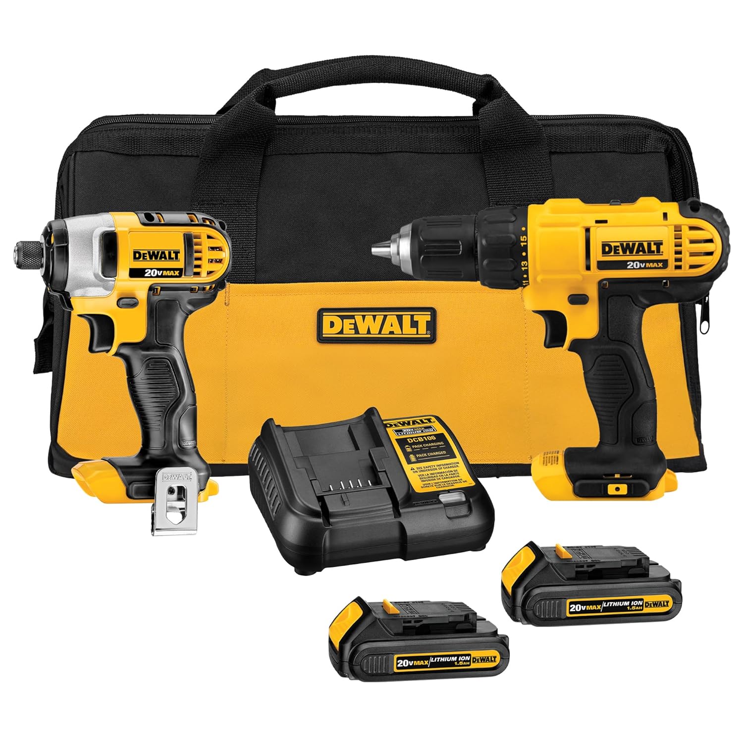 DEWALT 20V MAX Cordless Drill and Impact Driver Combo Kit DCK240C2 on white background