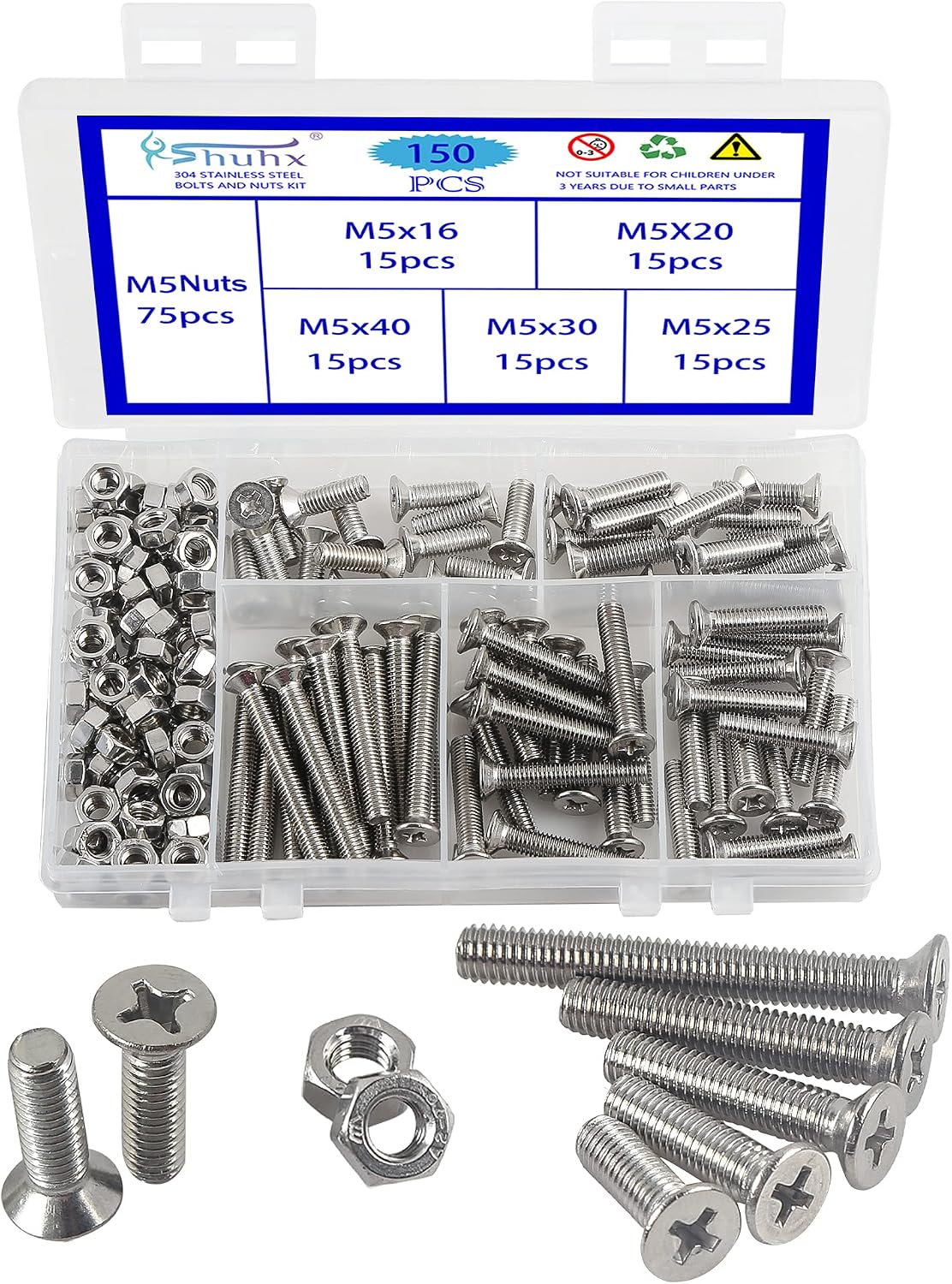 Rshuhx 150PCS M5 Cross Countersunk 304 Stainless Steel Machine Screws Bolts and Nuts Flat Head Phillips Screw Fastener Repair Tools Assortment Kit for Baby Crib Headboards Chairs Furniture