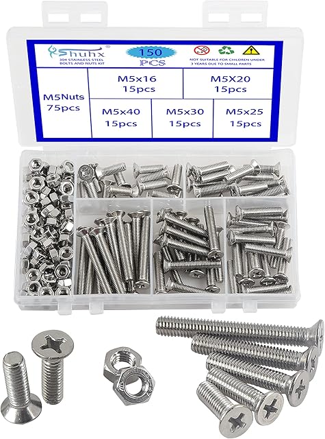 Rshuhx 150PCS M5 Cross Countersunk 304 Stainless Steel Machine Screws Bolts and Nuts Flat Head Phillips Screw Fastener Repair Tools Assortment Kit for Baby Crib Headboards Chairs Furniture