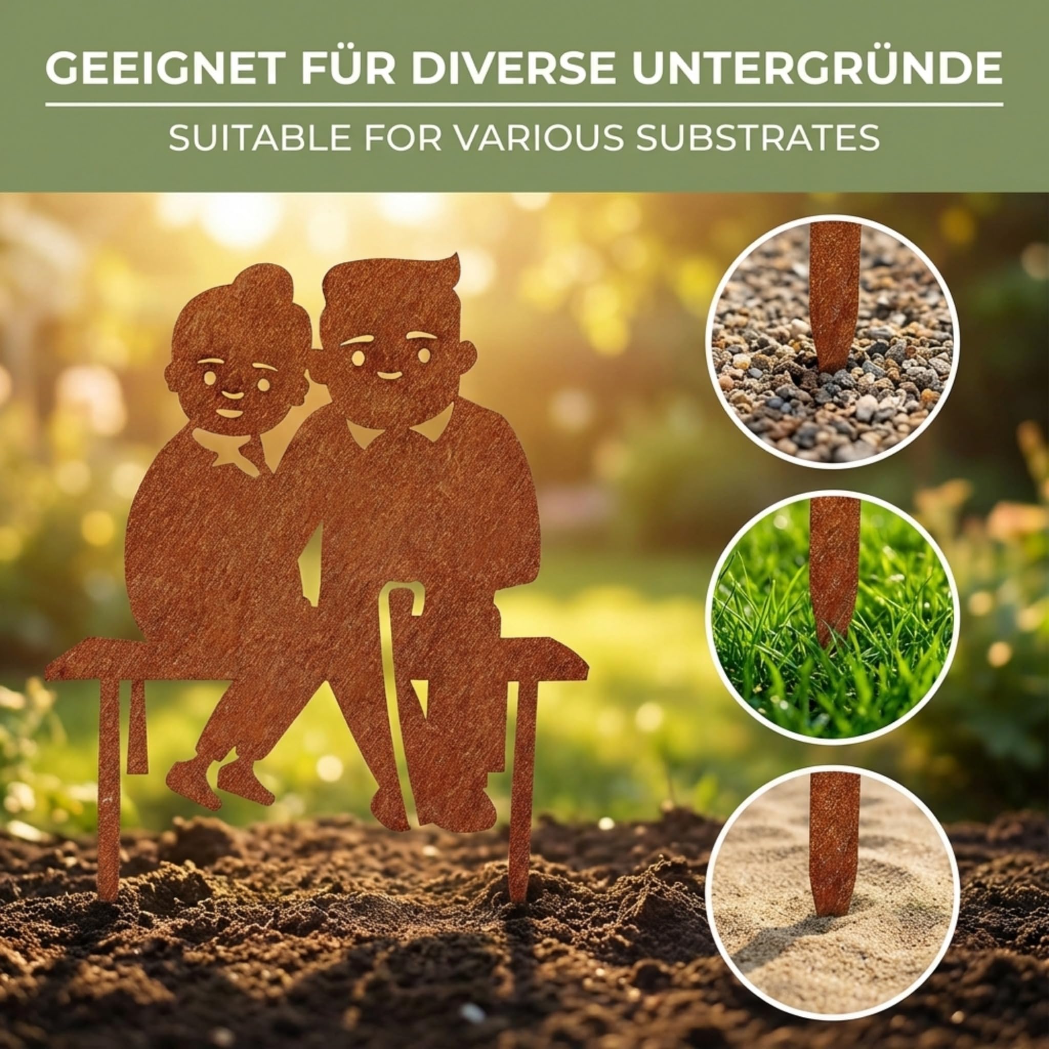 Edelrost Oma & Opa Gartenstecker-einfach einsteckbare Rostdeko aus hochwertigem Cortenstahl für Garten, Terrasse - Gartendeko rost