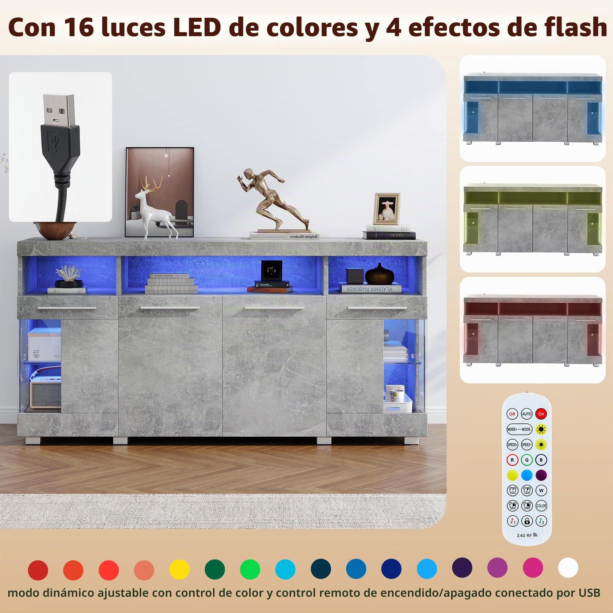 Aparador Cocina con luz LED, Aparadores para Salon con 4 Puertas Aparador Entrada 140x40x70cm, Armario Cocina Comoda Vitrina Mueble Auxiliar, Muebles de Salon (Gris Cemento)
