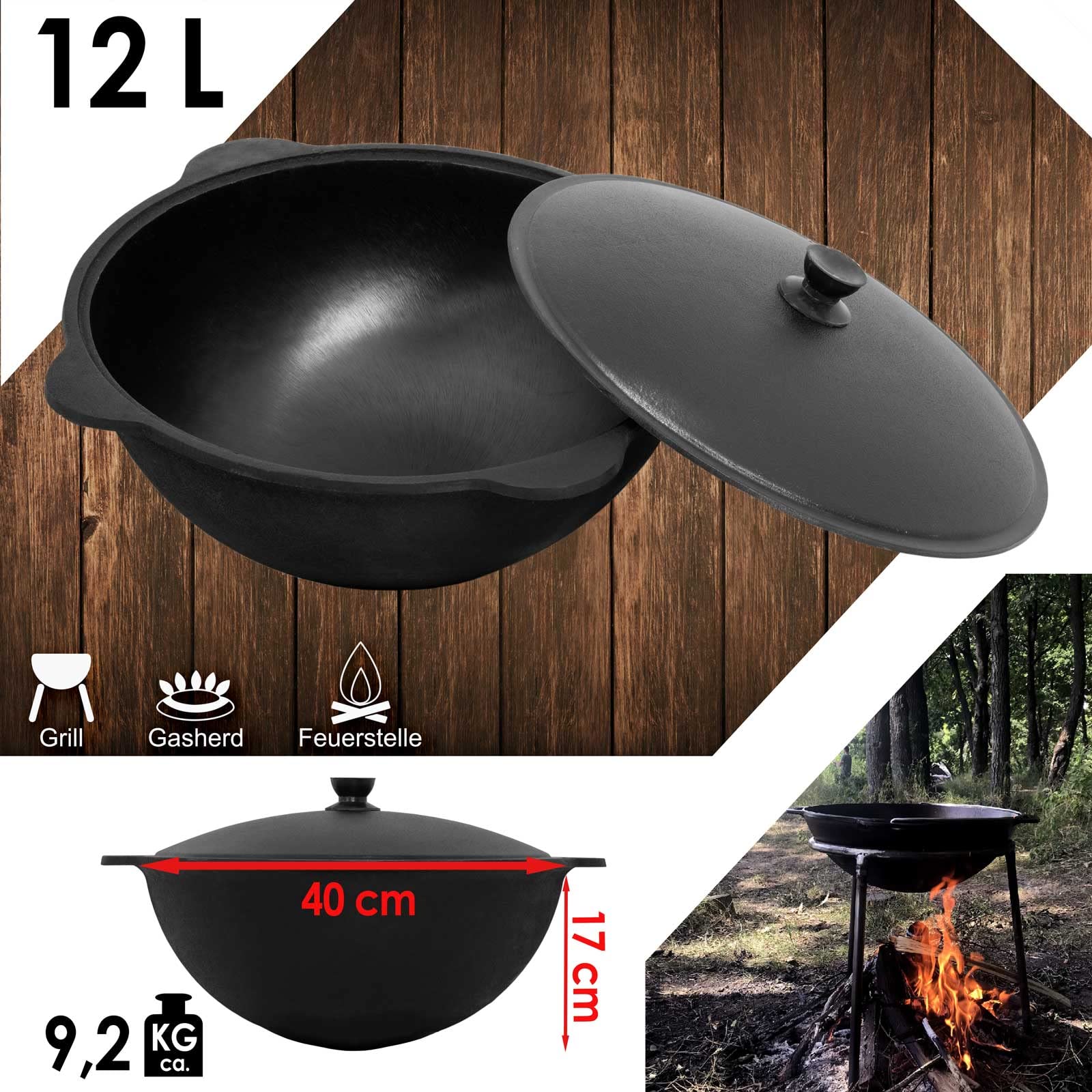 NAMANGAN | Schwenktopf Kazan aus Gusseisen 12 L (runder Boden) | Kasan Uzbekisch | Cast Iron KESSEL Uzbek | Camping Usbek Asia WOK | Topf mit Aluminium Deckel