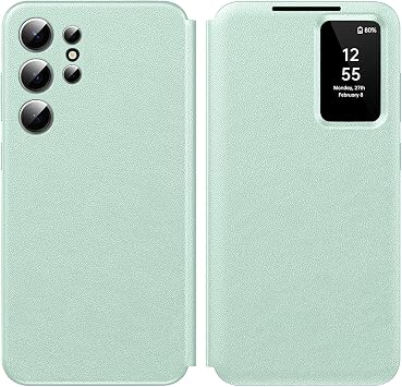 Samsung Galaxy S25 Ultraケース、スマートスモールスクリーンビュー、Sビューウォレットフォンケース、Samsung S25 Ultra 5Gケーススマートウィンドウカバー、フリップレザー保護スマートビューグリーン