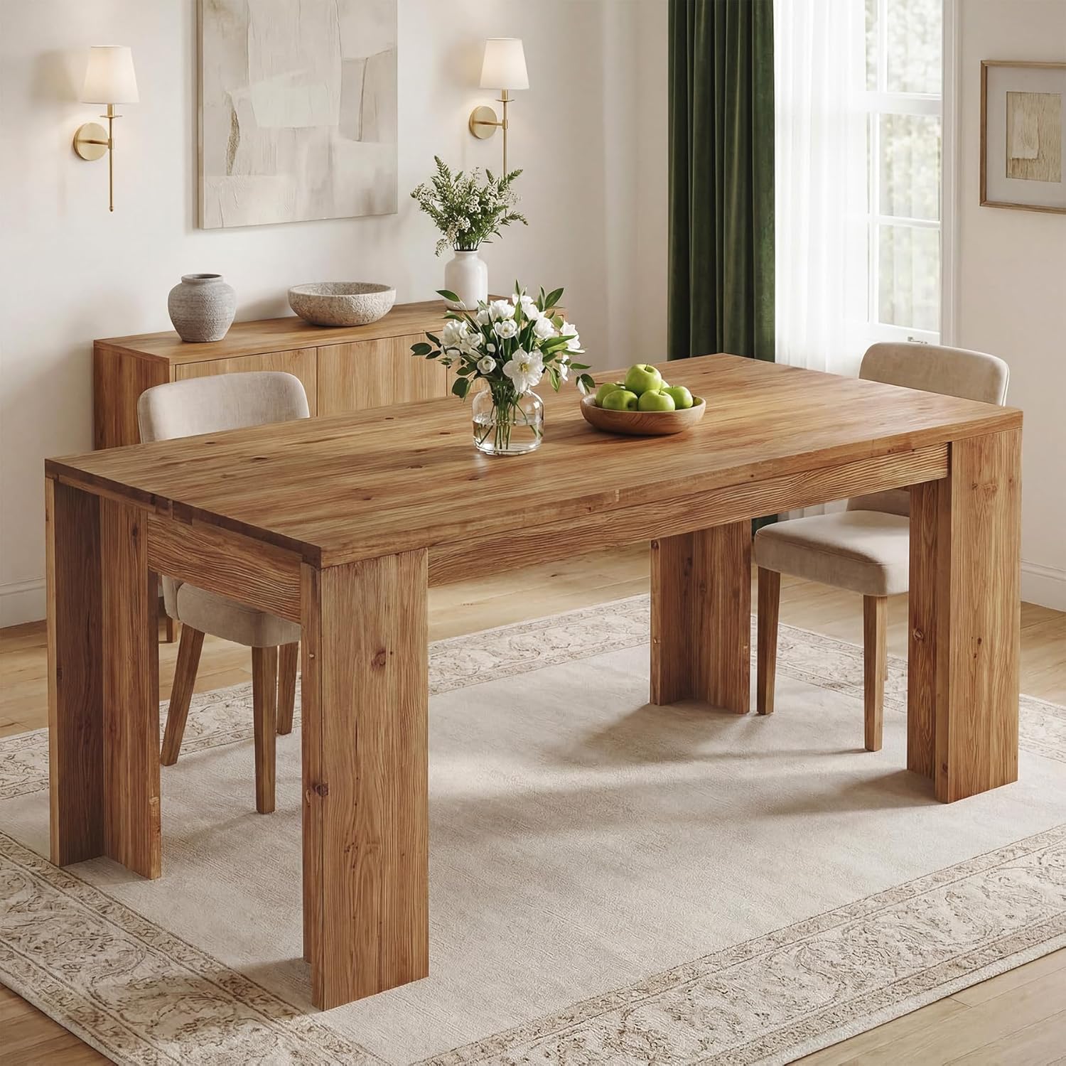 63 Inches Solid Wood Dining Table for 4-6, Farmhouse Rectangular Kitchen Dinner Table with Heavy-Duty Legs for Dining Room, Living Room, Rustic Brown