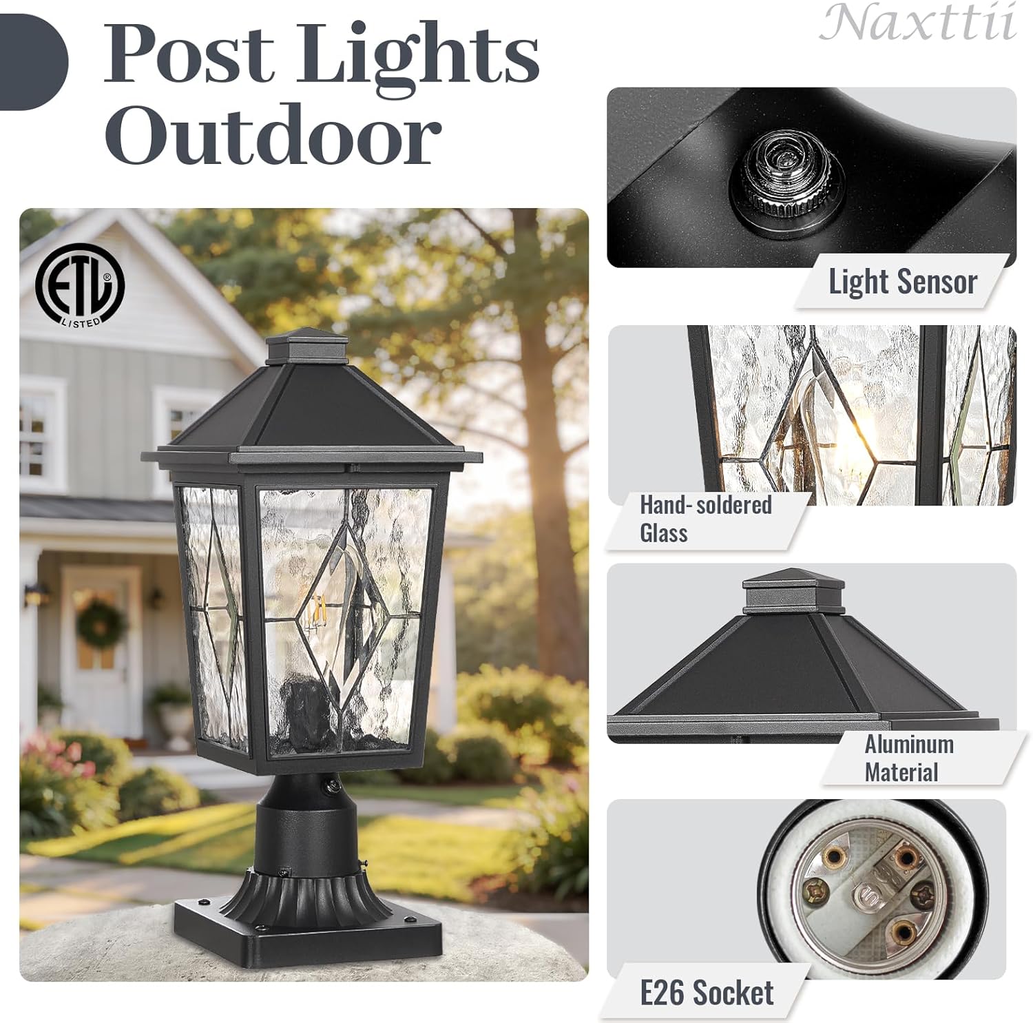 Dusk to Dawn Outdoor Post Lights Aluminum Lamp Post Light Fixture with Hand‑soldered Glass 14 Inch Height ORB Finish Pole Lights Outdoor for Garden Yard Patio Pathway E26 Socket