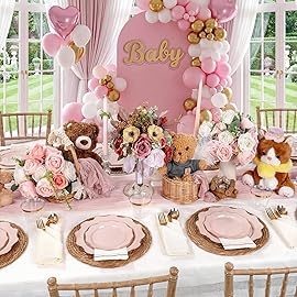 WDF 350Pcs Pink Plastic Plates - Pink and Gold Disposable Plates 50Guest Plastic Dinnerware for Baby Shower/Birthday/Wedding/Valentine\'s Day