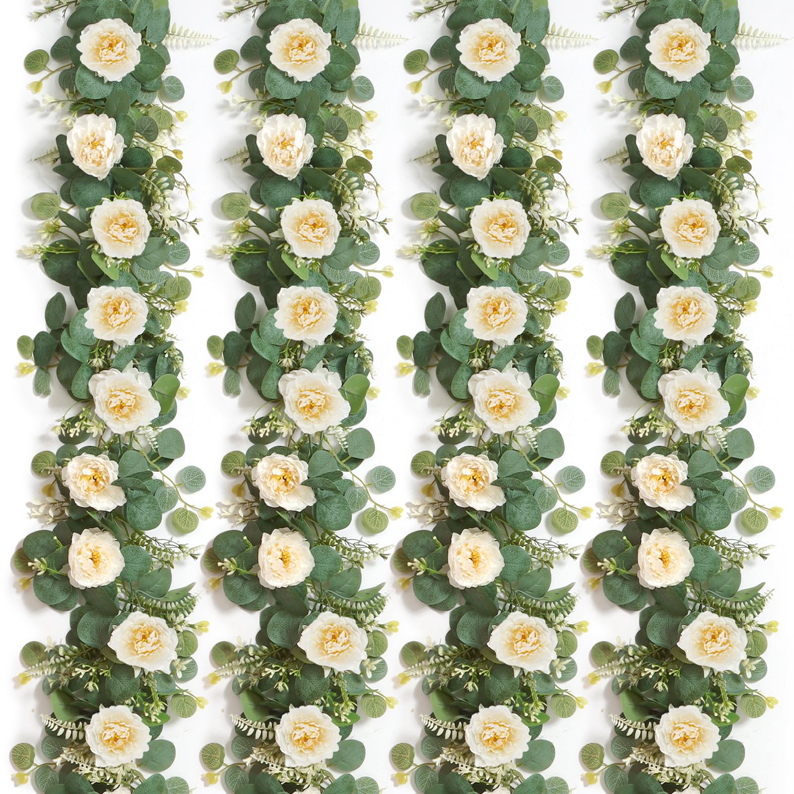 DEMIUKO Künstliche Eukalyptus-Girlanden mit Blumen, künstliche Pfingstrosen, Rose, Blumen, grüne Girlande, Blumenranken für Hochzeit, Tischläufer, Bogen, Party, Zeremonie, Hintergrunddekoration (4