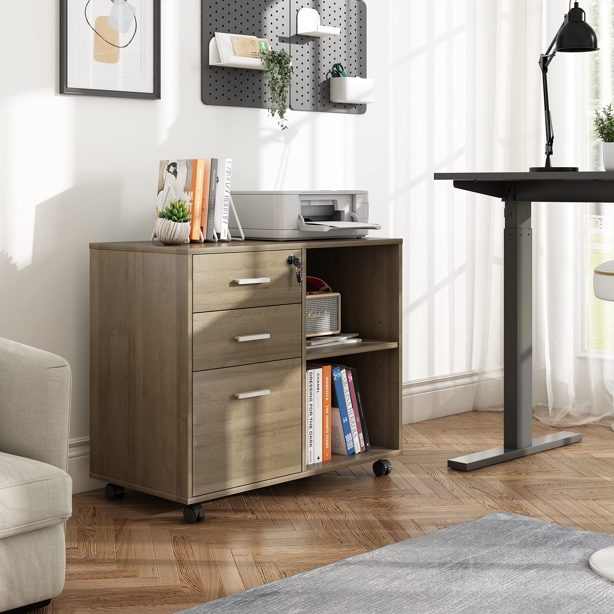 DEVAISE 3Drawer Wood File with Lock, Mobile Lateral Filing