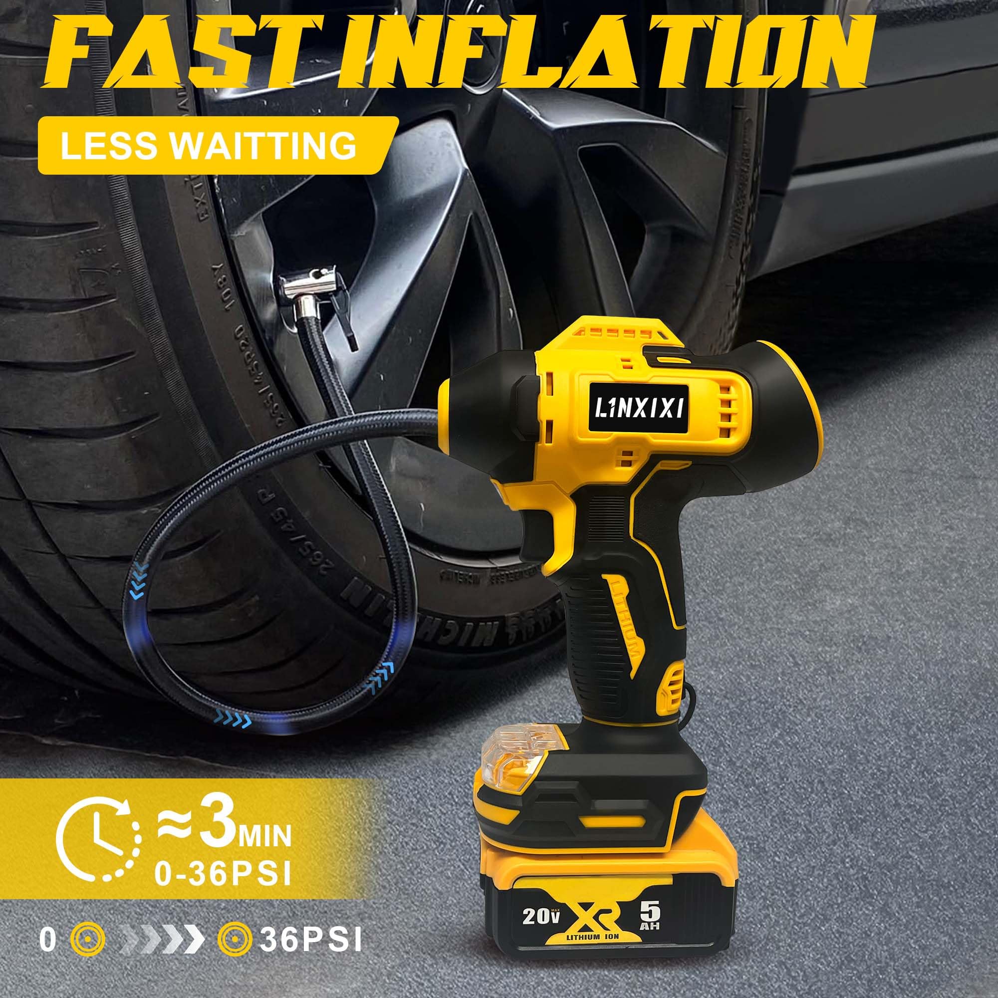 Akku Kompressor für De-Walt 18V Akku Autoreifen Luftpumpe | 160PSI/11bar Tragbare Luftkompressor mit LCD-Display, mit 12V Autostromkabel für Auto, Motorrad, Fahrrad, Ball(Ohne Akku)