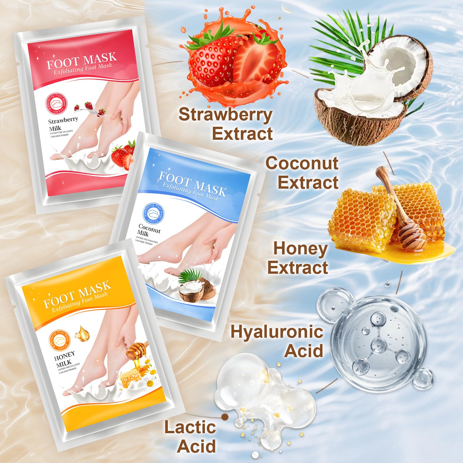 3 Paires Masque Pied Exfoliant, Peeling pied masque, Exfoliant Anti Callosités, Masque Hydratant pour les pieds, Pieds Secs et Fendillés(coco/Fraise/Miel)