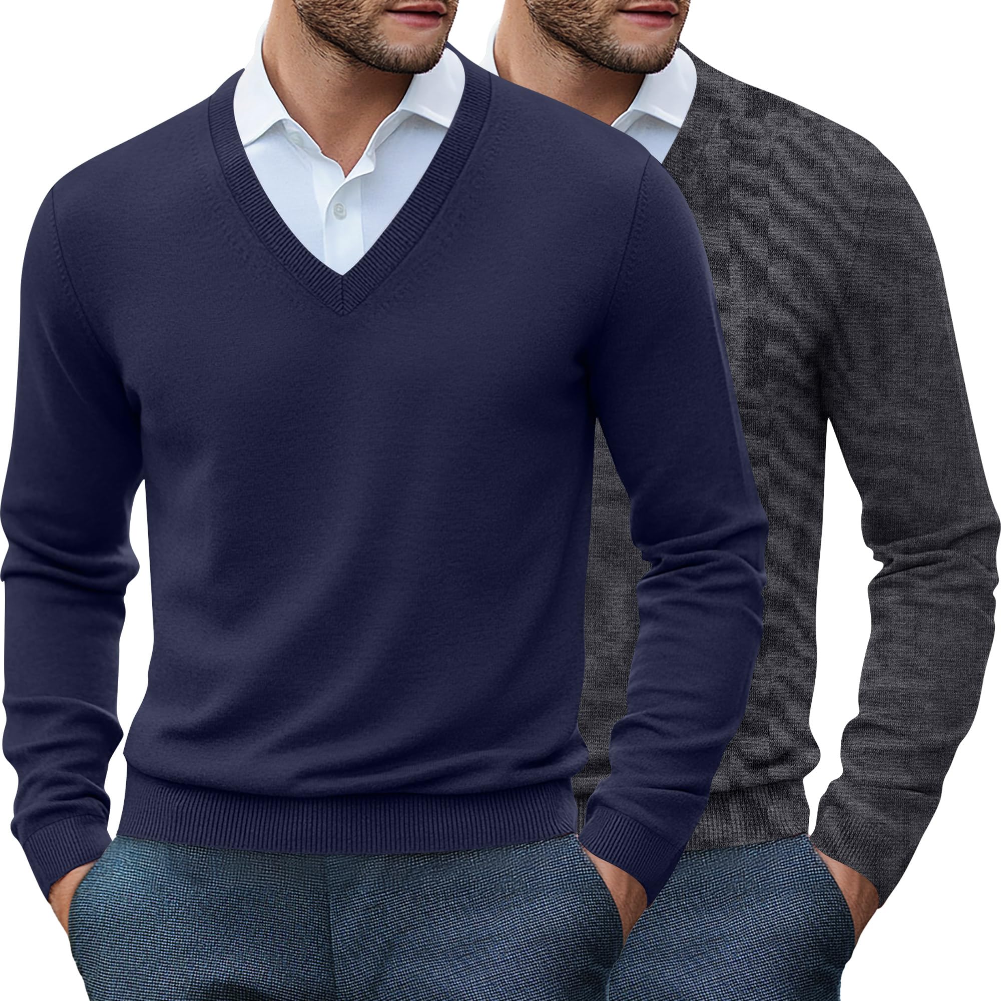 Ficerd2 Pack Men's V Neck Long Sleeve Sweater Business Casual Slim Fit Pullover Lightweight Soft Sweaters