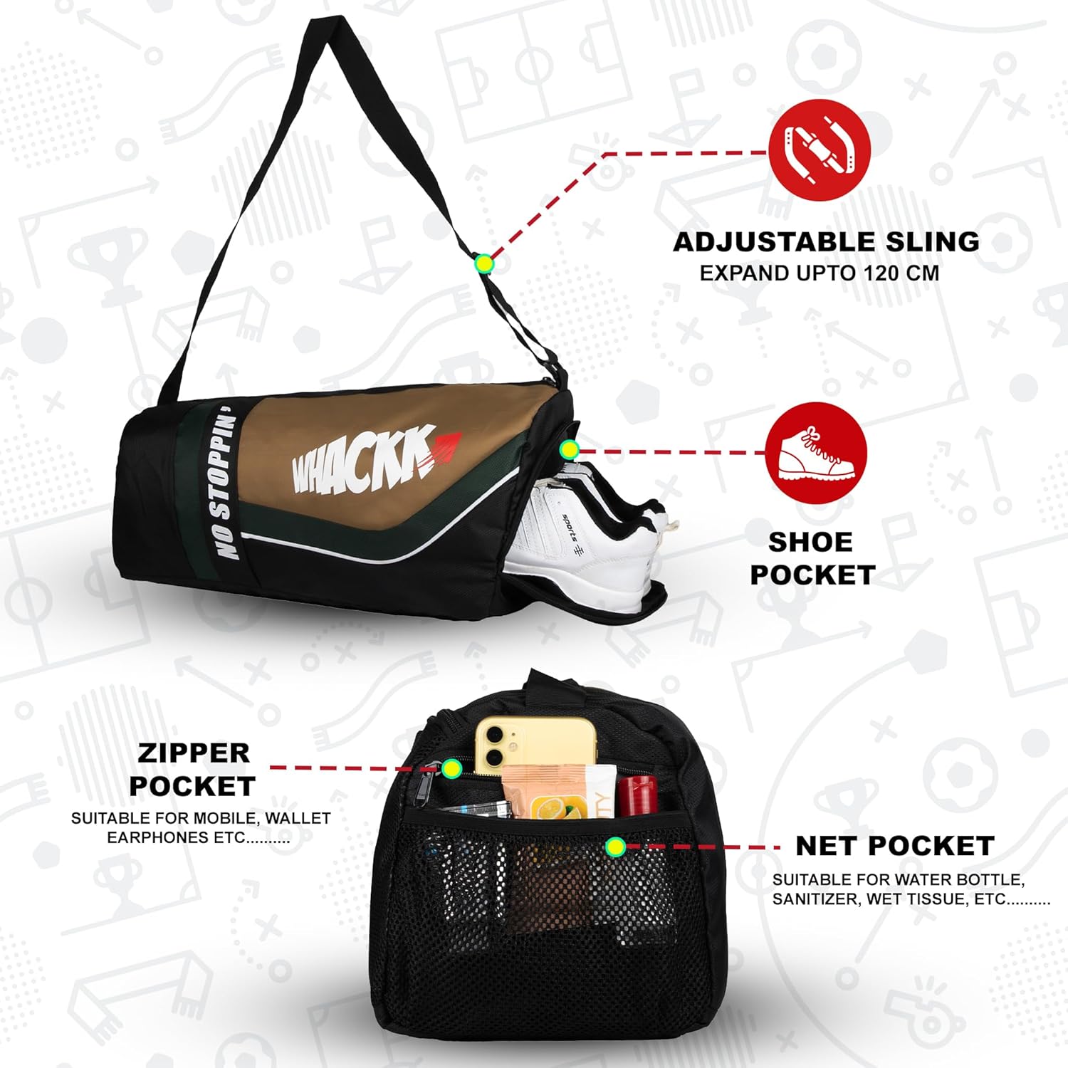 Whackk Gym Fitness Workout Training Sports Travel Duffle Bag|Separate Shoe Pocket|Dry Wet Pocket|Multipurpose Carry Bag|Adjustable Strap|Lightweight|Sports Kit Men Women (33L) 3 81EMcJr3zzL. SL1500