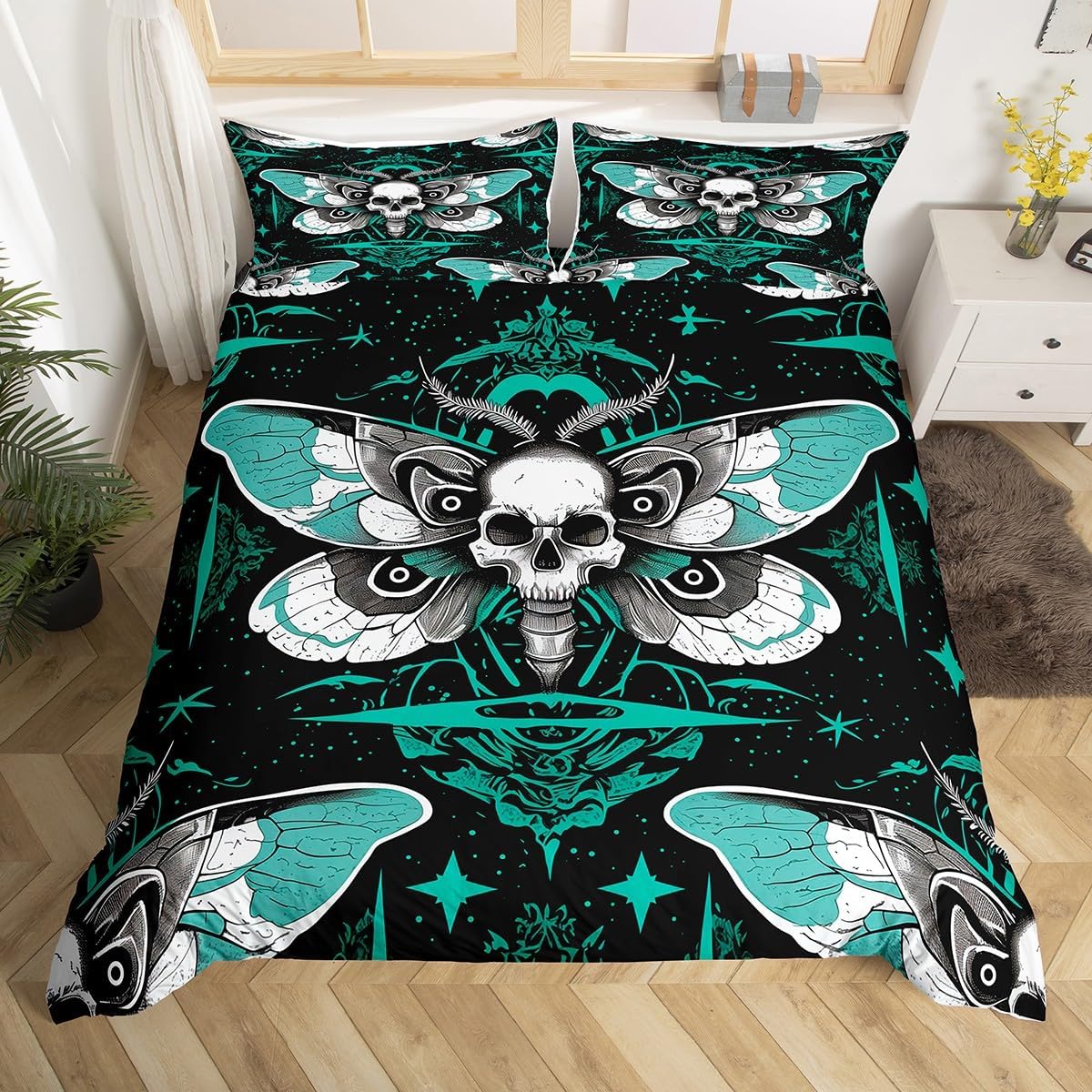 Gothic Moth Duvet Cover Full Size Death Moth Decor Bedding Set Animal Skeleton Halloween Decoration,Boho Goth Bedroom Decor Skull Comforter Cover Bohemian Floral Bedding Set with 2 Pillowcases