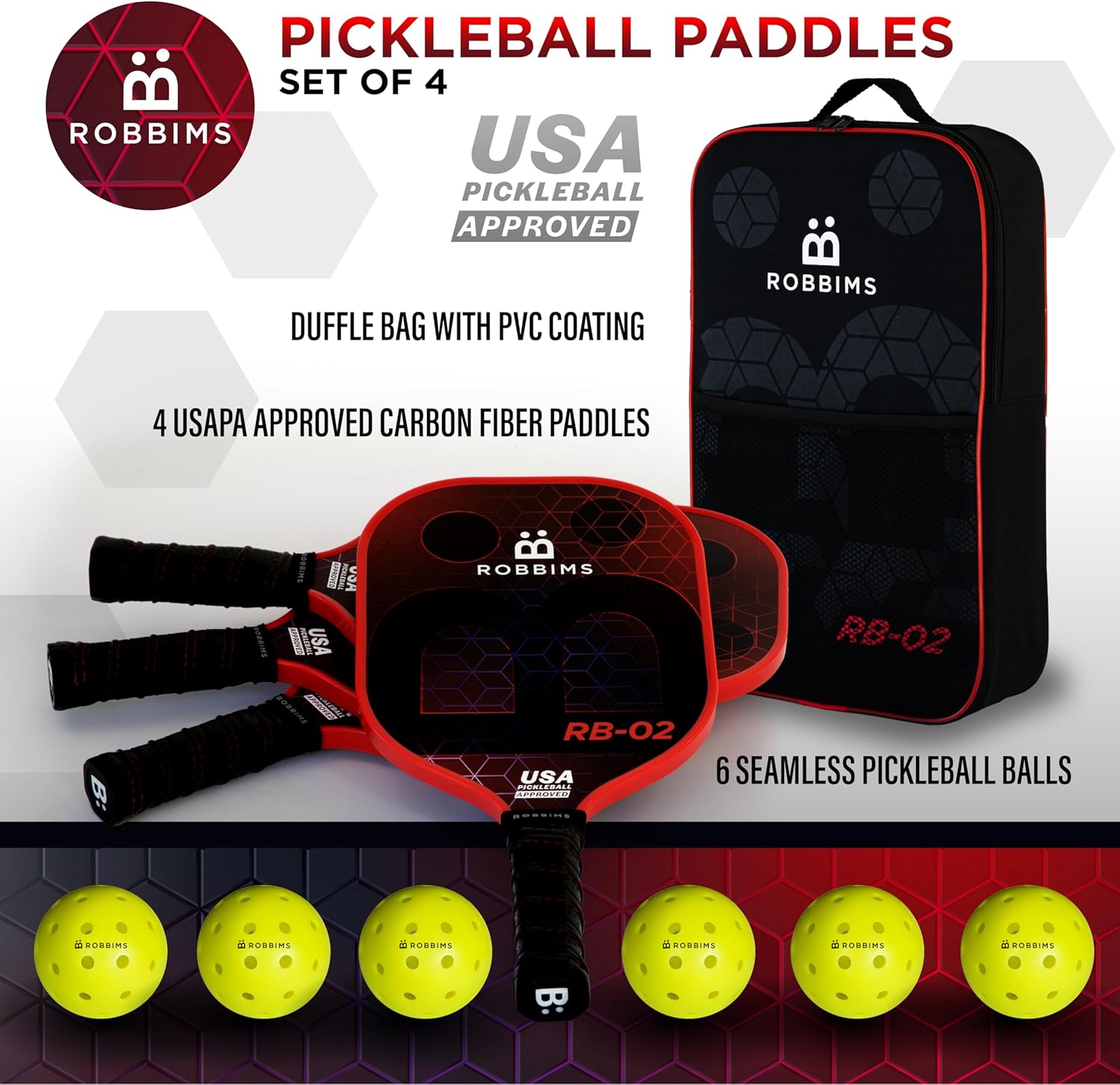 Pickleball Paddles Set of 4 – Carbon Fiber, USA Pickleball Approved, High Spin, Lightweight Performance – Includes Balls & Carry Bag – ROBBIMS RB-02