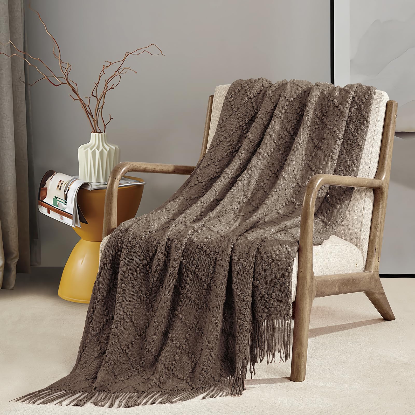 BOURINA Throw Blanket Textured Solid Soft Throws and Blankets for Sofa or Bed Knitted Decorative Blanket 127x178cm Brown - Image 4