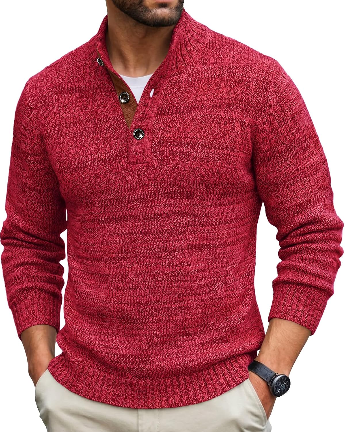 Aoysky Men's Stand Collar Sweater Thermal Button Pullover Sweater Tops Henley Knit Sweaters