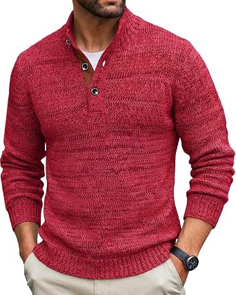 Aoysky Mens Sweater Henley Knit Casual Long Sleeve Quarter Button Pullover | Textured Sweater, Mock Neck, Colorblocked Collar, 1/4 Buttons, Thermal Warmth, Regular Fit, Fall & Winter