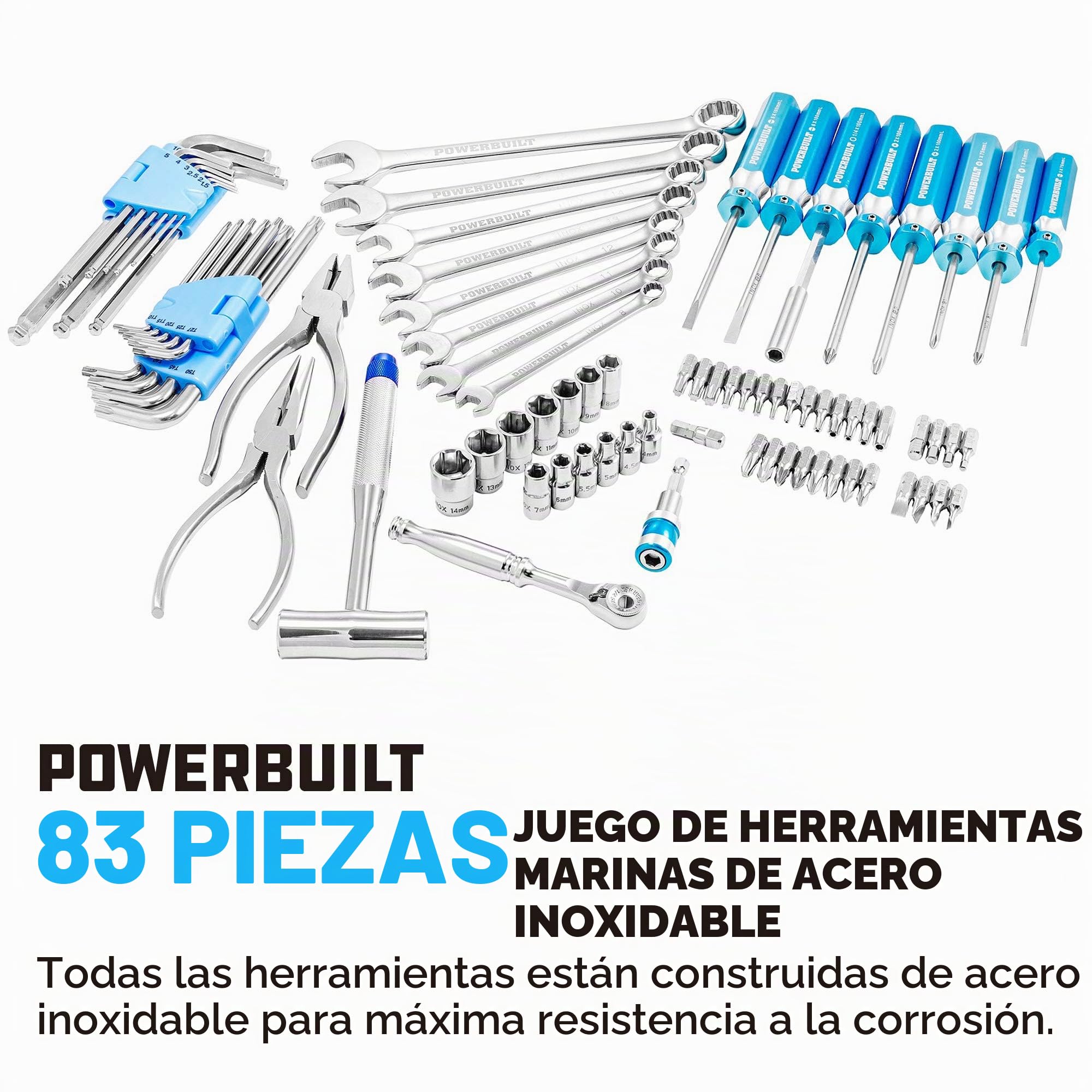Powerbuilt Juego de herramientas de reparación de barcos marinos de acero inoxidable 420J2, conductores, alicates, llaves, mazo, destornillador/brocas, enchufes, caja hermética resistente a los golpes