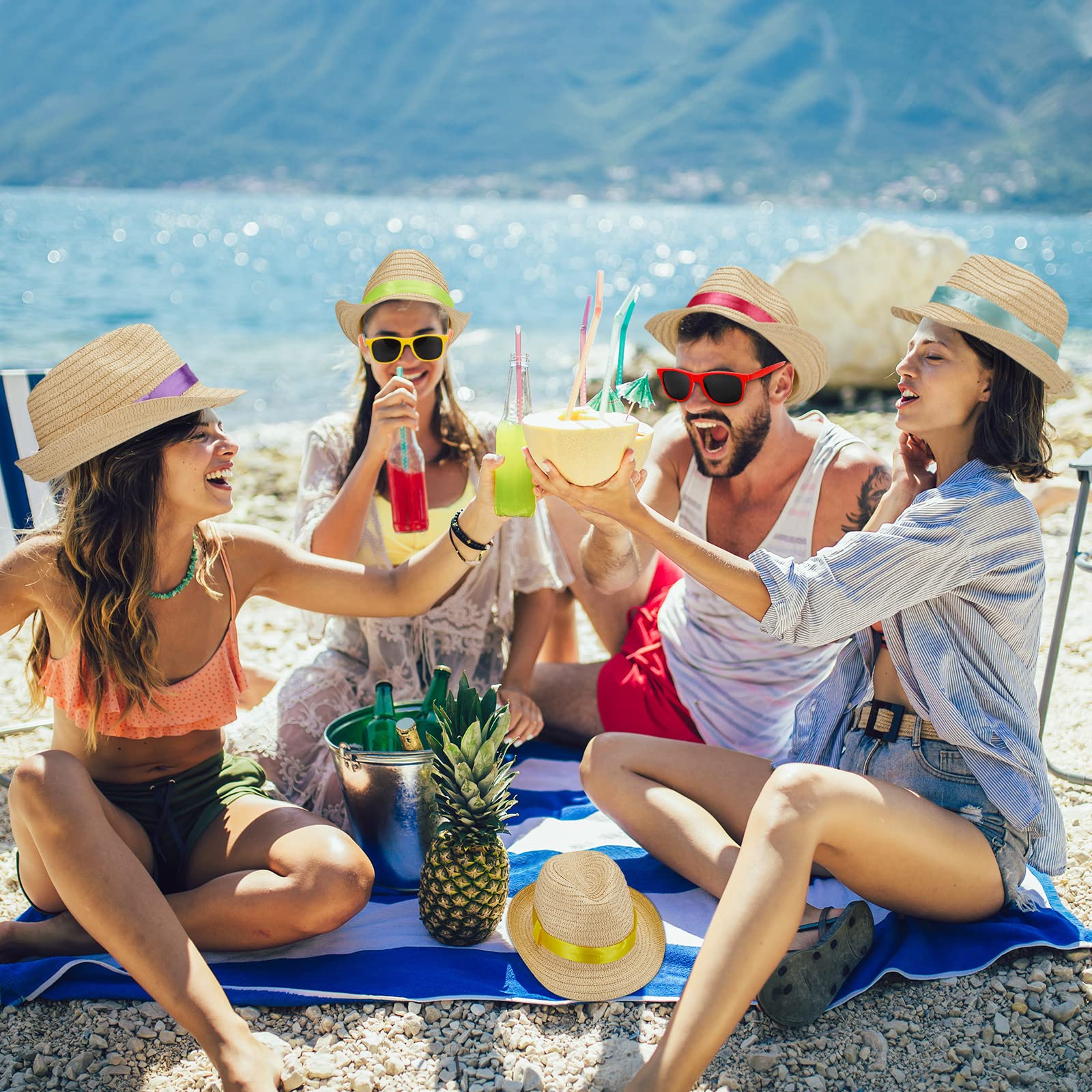 Newcotte Strohhüte mit Sonnenbrille, Fedora-Partyhüte für hawaiianische Luau-Zubehör, kubanische Sommergeschenke, Rot, Orange, Gelb, Grün, Blau, Violett, One Size