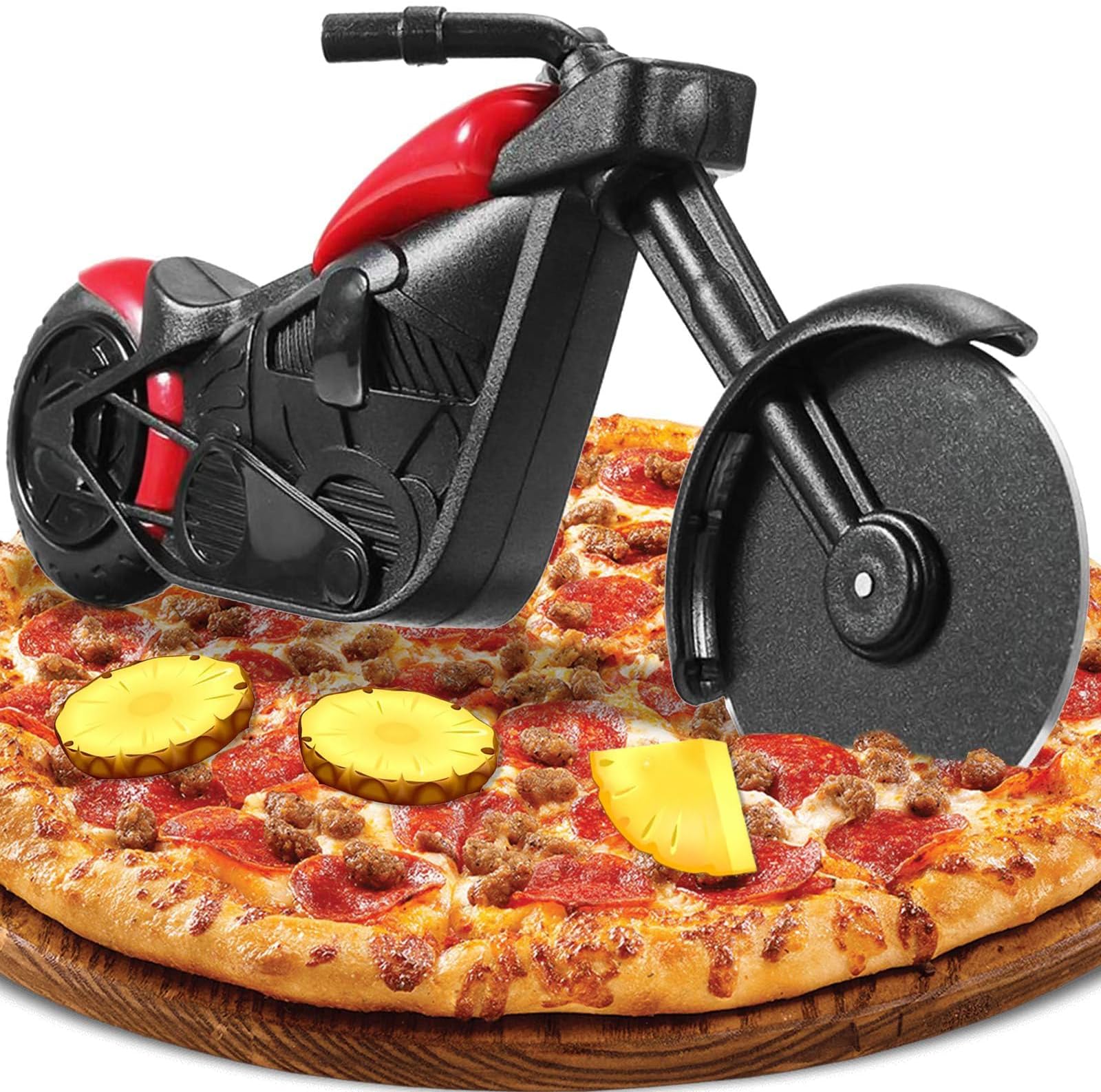 Motorbike Pizza Cutter, Novelty Pizza Cutter Motorcycle Pizza Wheel Slicer Roller, Stainless Steel Pizza Knife Super Sharp Blade with Non-Stick Coating & Kickstand, Kitchen Gadgets Creative Gift(Red)