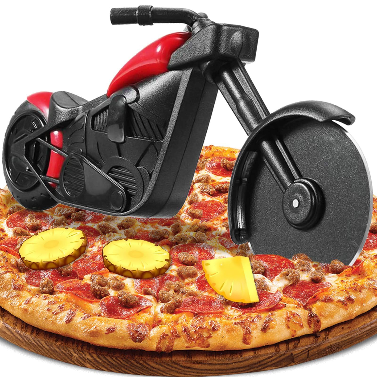 Motorbike Pizza Cutter, Novelty Pizza Cutter Motorcycle Pizza Wheel Slicer Roller, Stainless Steel Pizza Knife Super Sharp Blade with Non-Stick Coating & Kickstand, Kitchen Gadgets Creative Gift(Red)