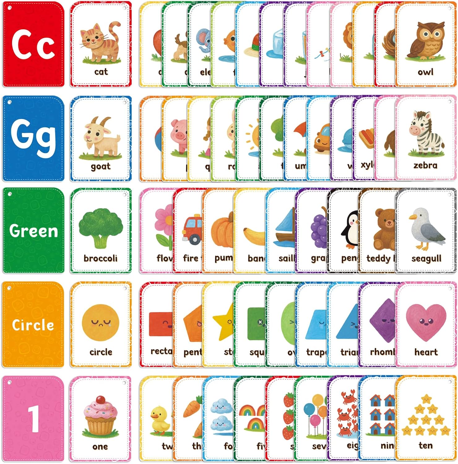 Flash Cards are Designed for Toddlers Aged 1-3. The Set Includes 56 Double-Sided Preschool Flash Cards Featuring The Alphabet, Numbers, Colors, and Shapes.