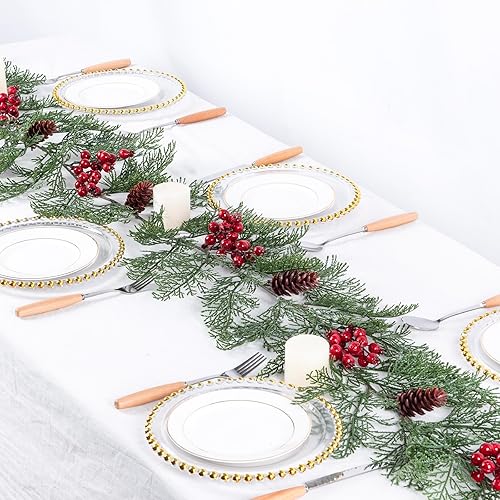 Miniatura 7 de Artiflr Guirnalda de pino artificial de Navidad de 6 pies, guirnalda de vegetación de invierno con bayas rojas y conos de pino para temporada de