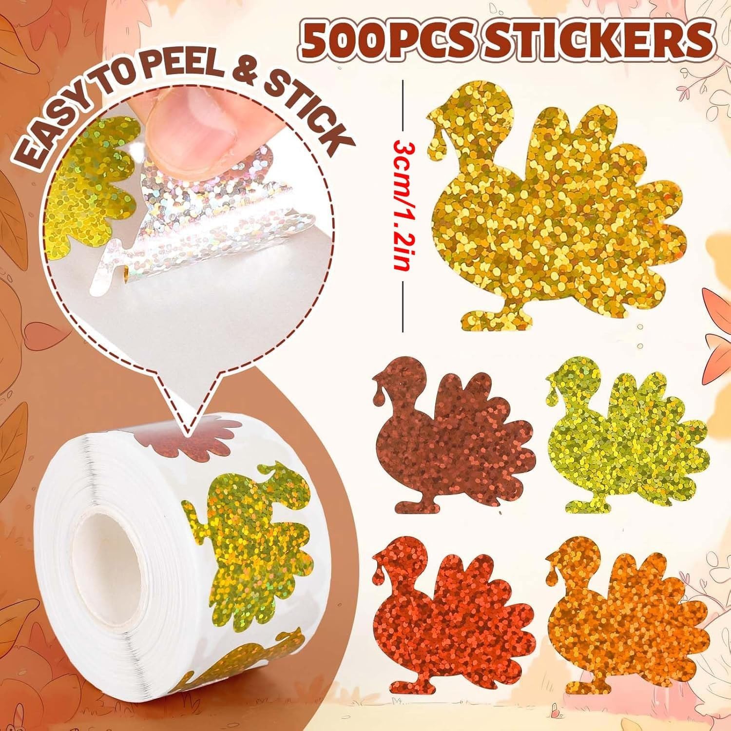 1000PCS Thanksgiving Turkey Stickers 5 Types Designs Fall Thanksgiving Turkey Stickers in 2 Rolls Sparkly Glitter Autumn Harvest Adhesive Decal Gift Party Laptop Decor image 2