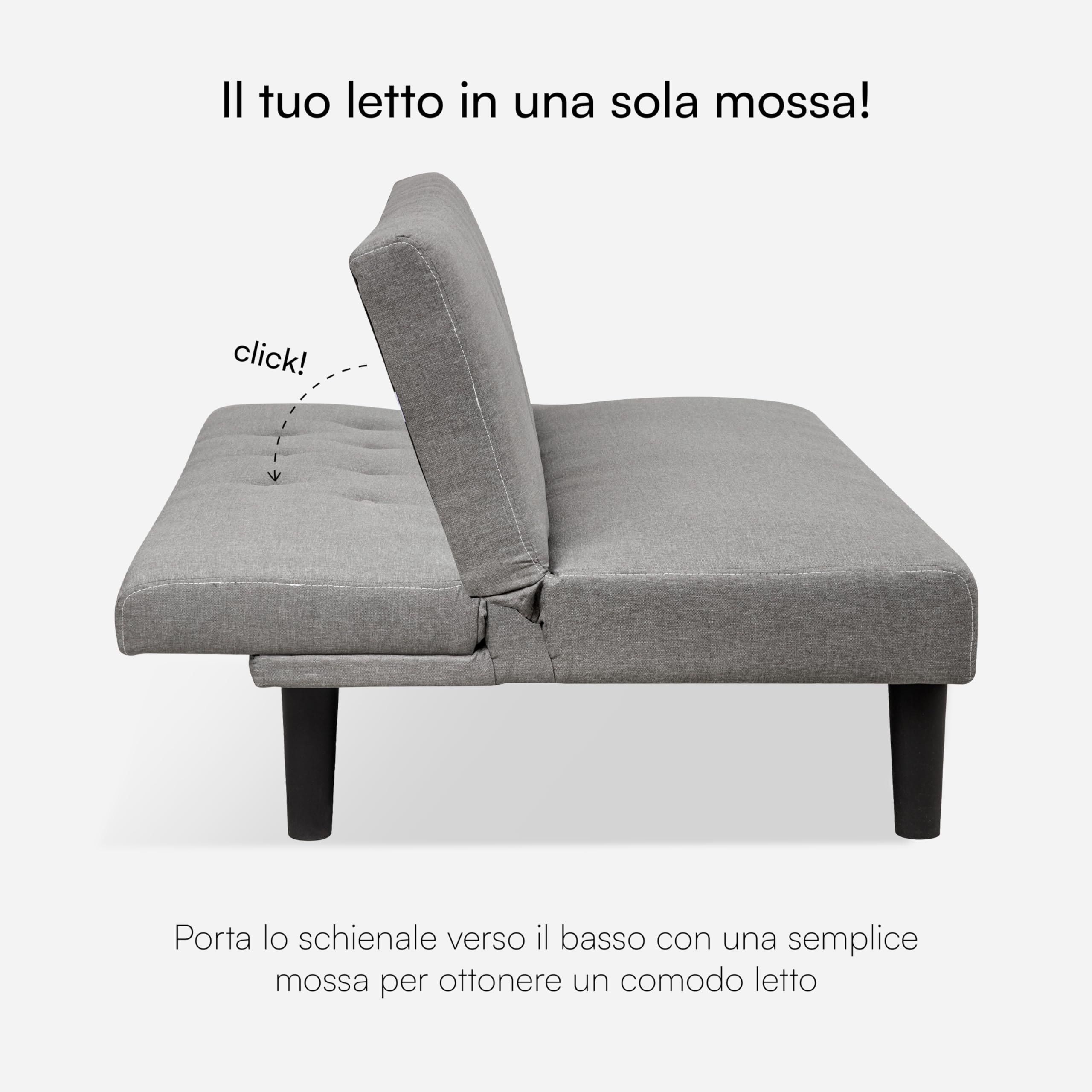 Baroni Home Divano Letto in Tessuto 3 Posti Trasformabile in Letto Imbottito, Divano Reclinabile con Gambe in Plastica da Salotto, Camera degli Ospiti, Apertura 93 cm, 167x70x77 cm, Grigio