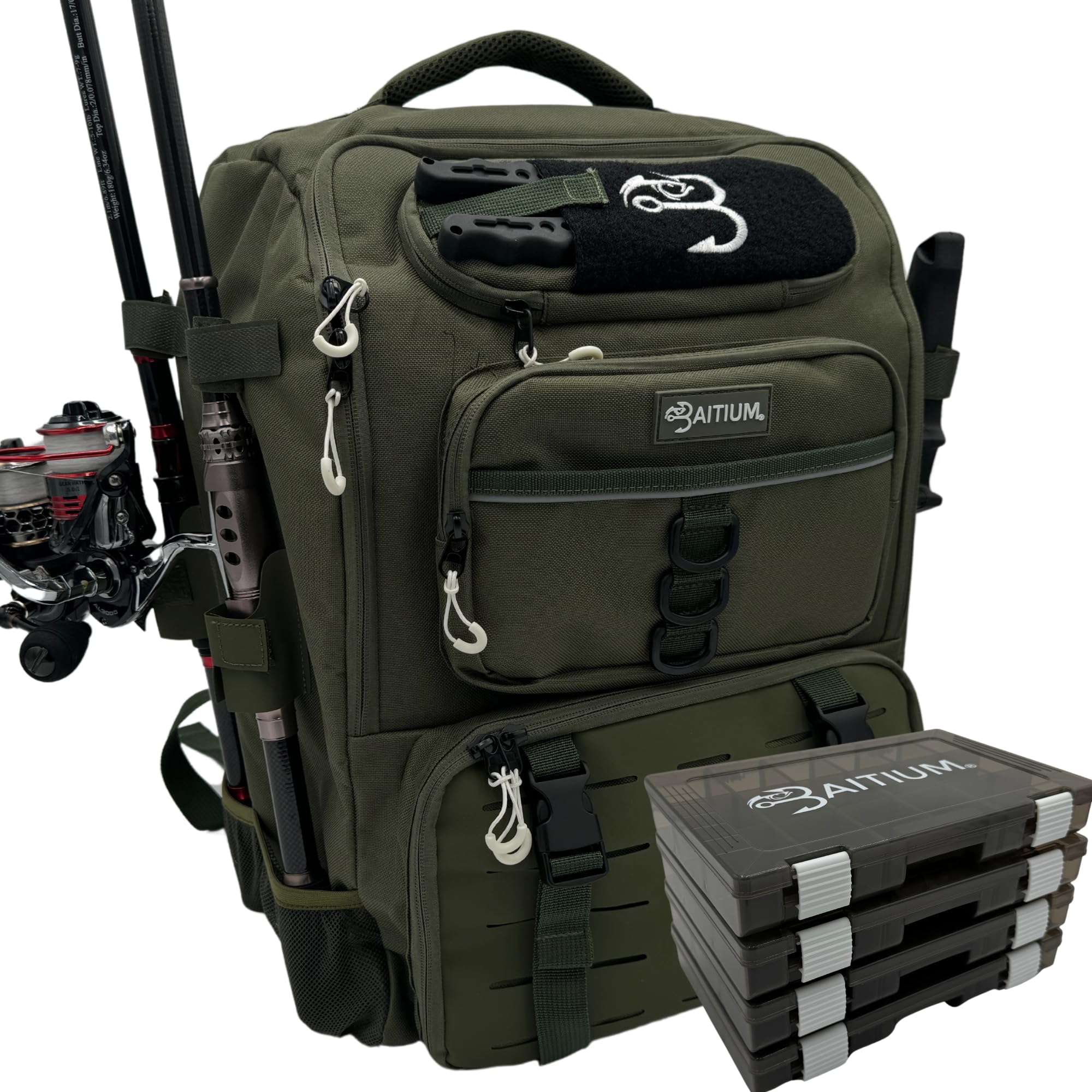 Baitium Fishing Backpack, Tackle Bag With Rod Holders, 40L Capacity With Cooler, Rain Cover, Insulated Pocket, 4 Tackle Trays Included- (Green)
