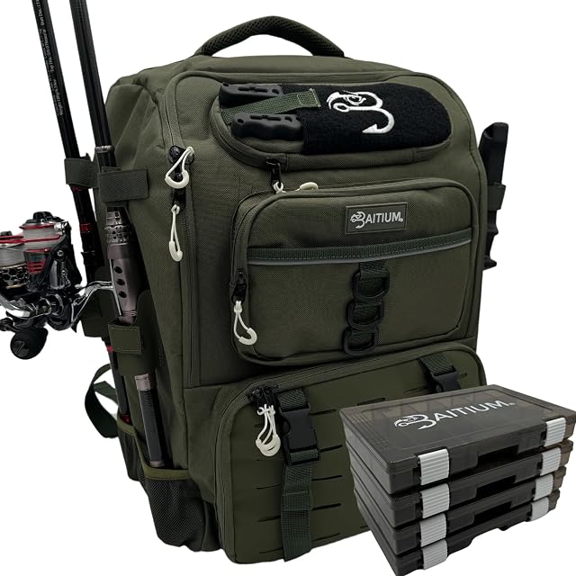 Baitium Sac à dos de pêche, sac de pêche avec porte-rodes, 40L Capacité avec refroidisseur, couverture de pluie, poche isolée, 4 Incluant les bacs à tacler (vert)