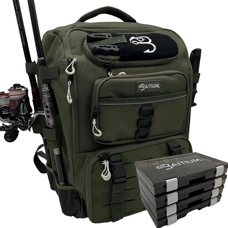 Fishing Backpack, Tackle Bag With Rod Holders, 40L Capacity With Cooler, Rain Cover, Insulated Pocket, 4 Tackle Trays Included- (Green)