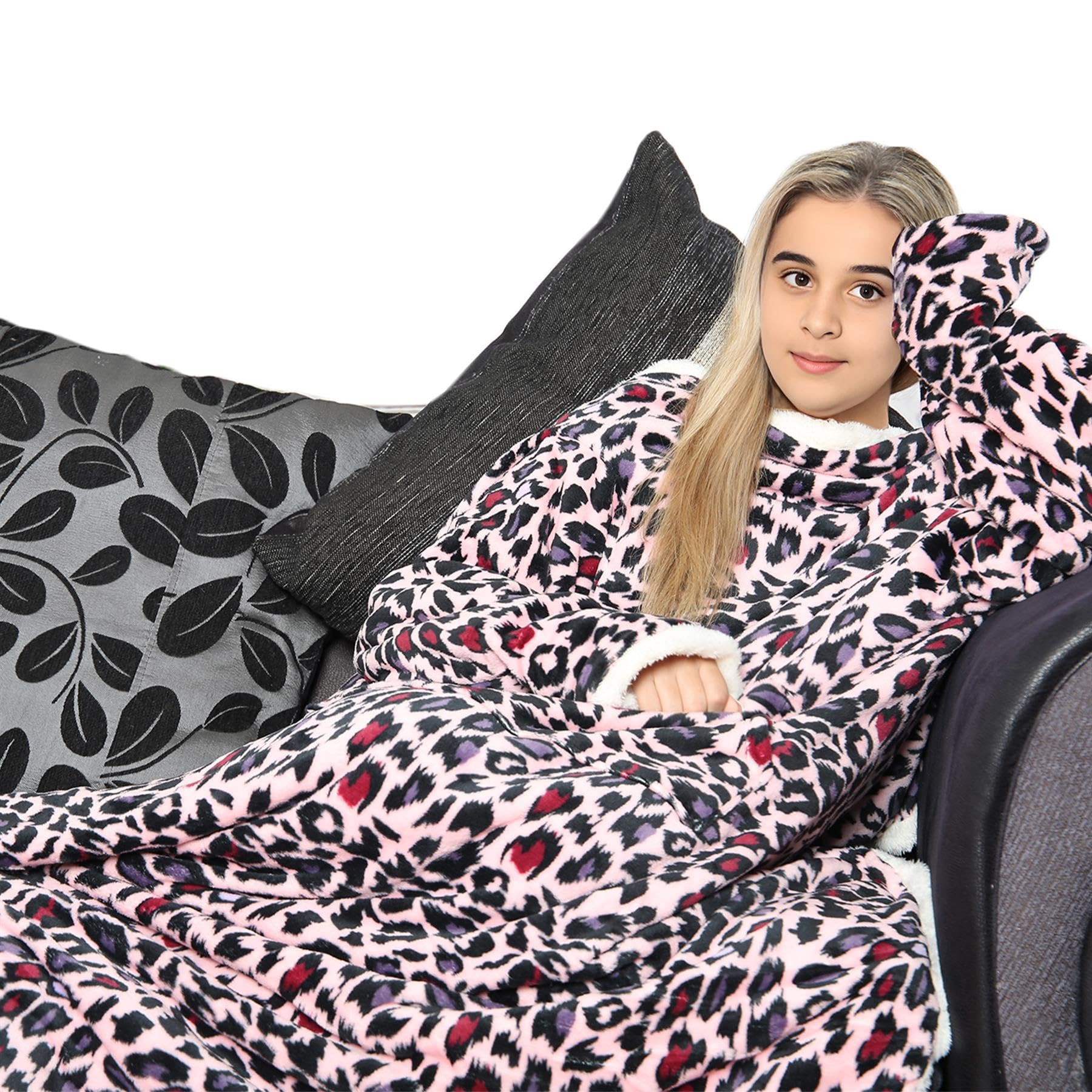 A2z Girls Baby Pink Wearable Leopard Print Double Layer Blanket With Sleeves Flannel Fleece Snuggle - Tv Dl Blkt 154 Pink_kids