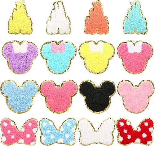 Juego de 16 parches de felpilla con cabeza de ratón, lindo lazo en la cabeza de ratón, castillo, parches bordados para ropa, adornos dorados,