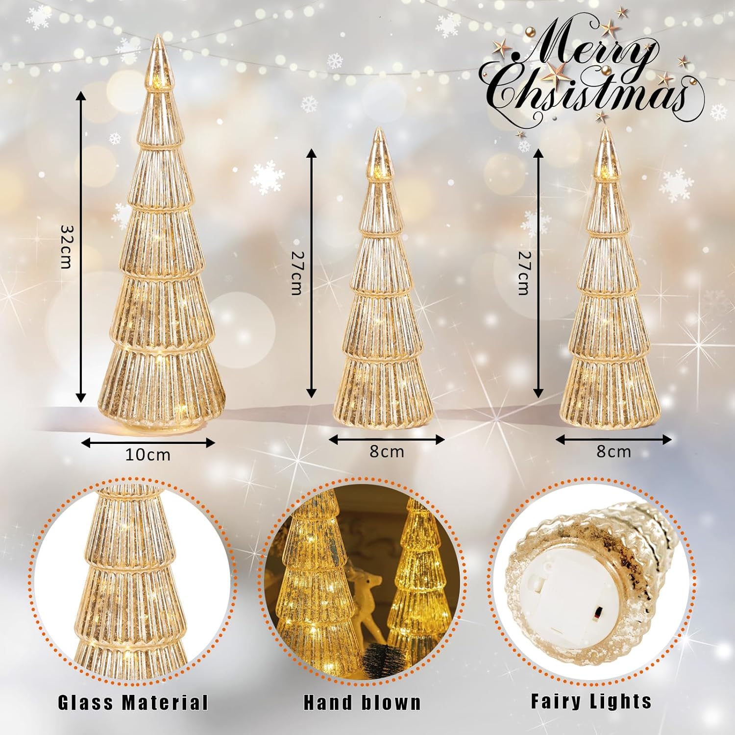 3 Pcs Mercury Glass Christmas Tree with Lights Table Top Gold Christmas Tree Holiday Home Tabletop Centerpieces Mantle Decor (Gold)