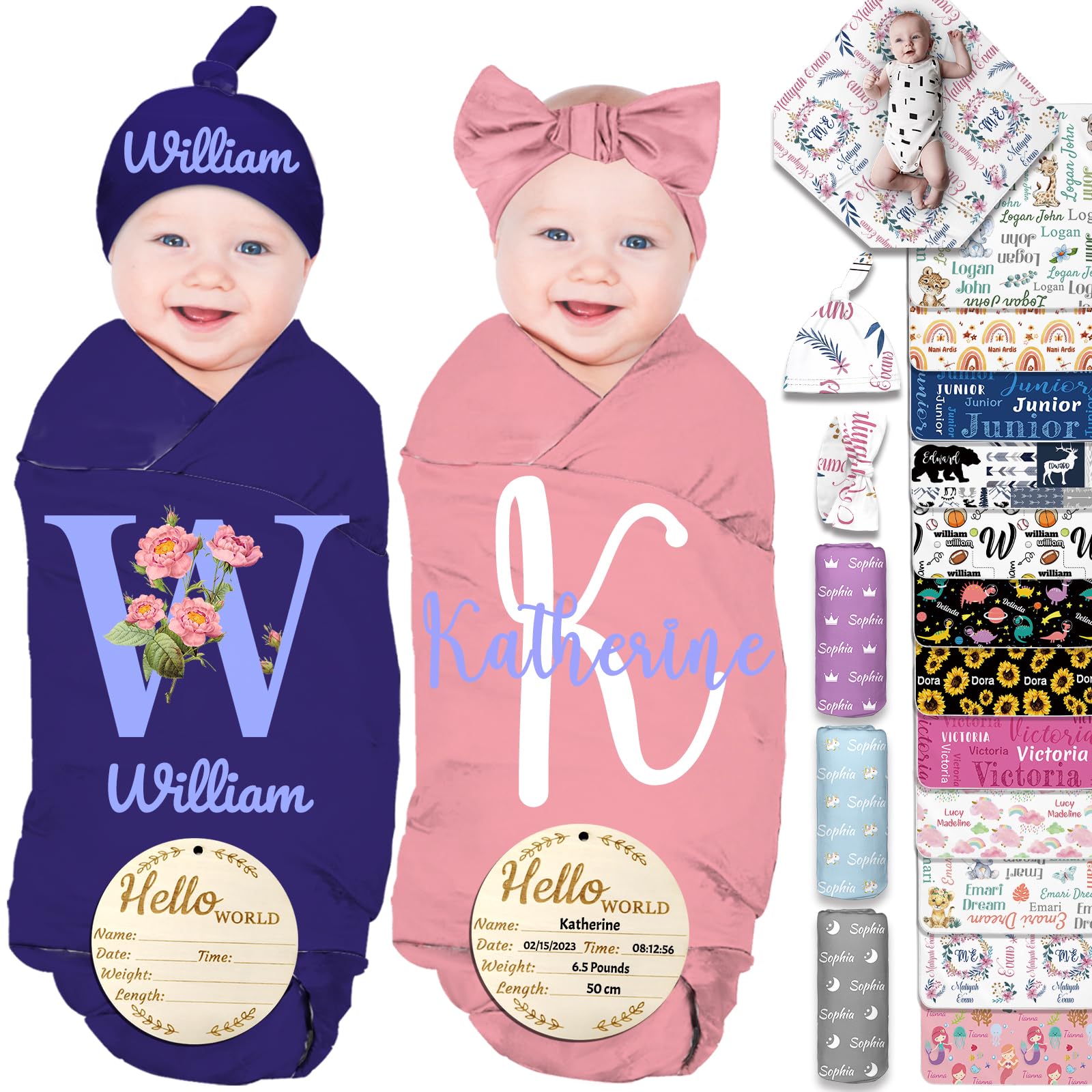 Personalized Baby Swaddle Blanket Girl Boy Custom Initial Name Swaddle with Hat Bow Set Newborn Baby Items Wrap Customized Baby Gifts