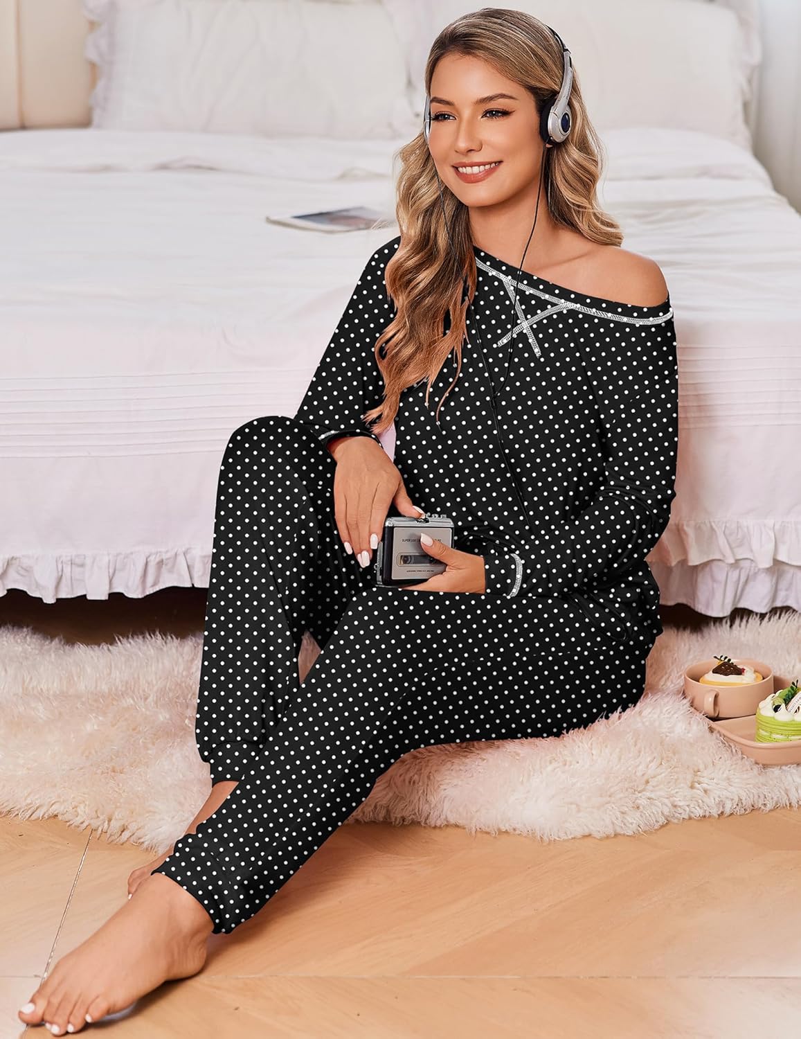 Ekouaer 2 Pack Pajama Sets for Womens Jogger Pants Pjs Long Sleeves Lounge Set Soft Sleepwear with Pockets - Image 3