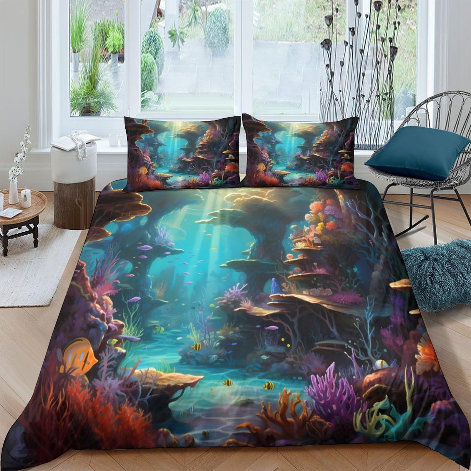 Ctjqhvkz Style-8 3D Printed Underwater Coral Fitted Sheet Microfiber Soft Bed Cover Ocean Reef Mattress Cover Bedroom Decor Single（135X200cm）