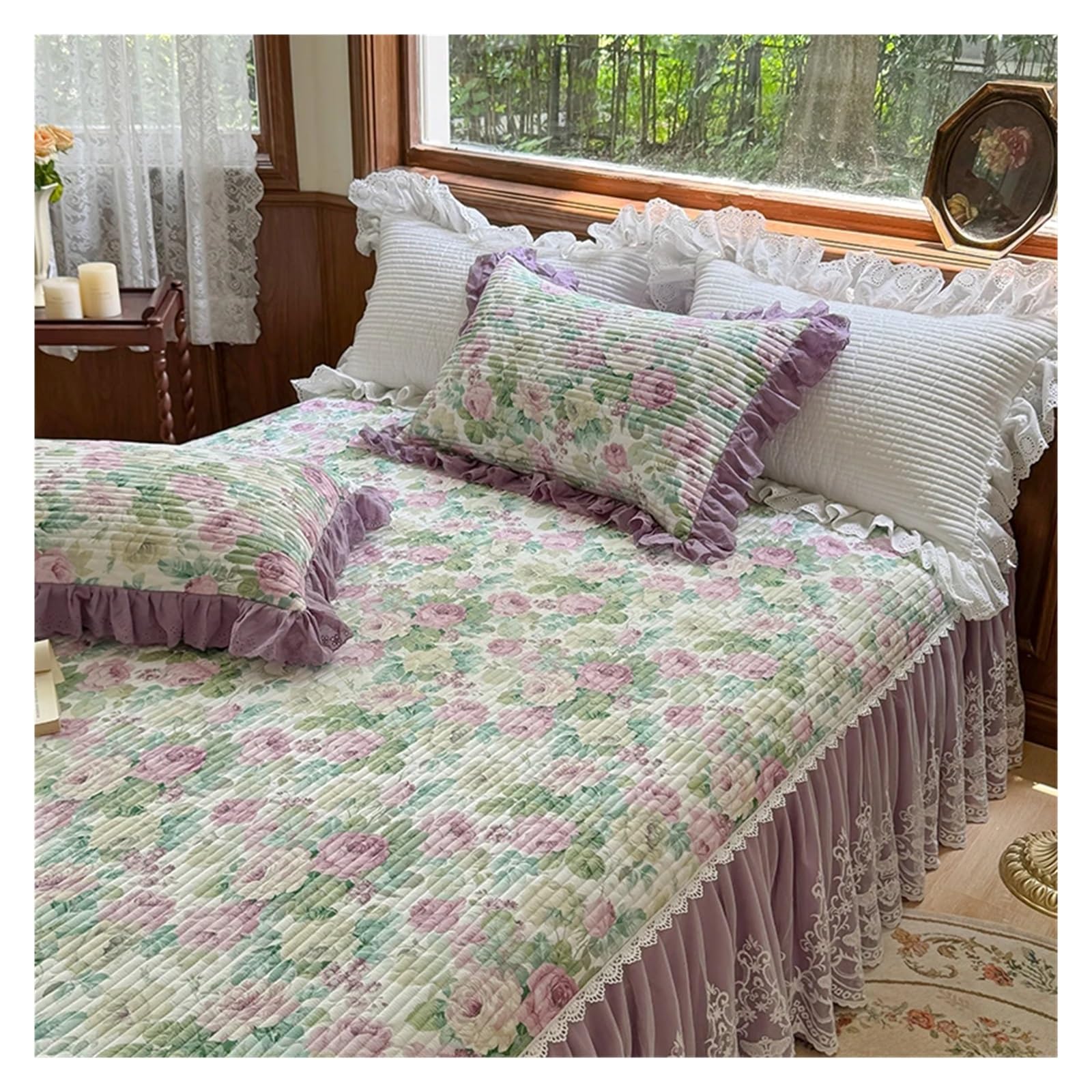 3Pcs Lace Ruffles Quilted Skirt, Mattress Cover Sheet, With Pillowcases, Suitable For 1.2M/1.5/1.8/2M Bed(4,150X200cm 3pcs)