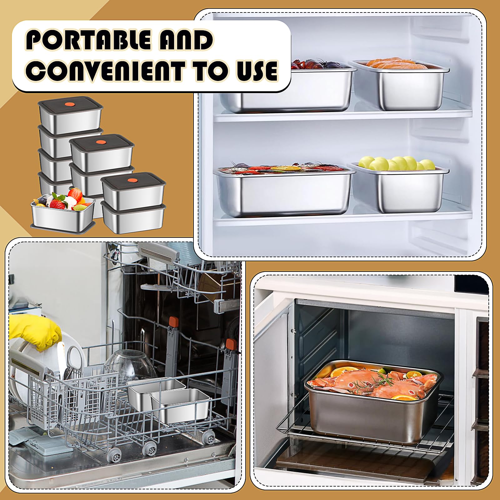 Confezione da 10 contenitori per alimenti in acciaio inox, 590 ml, con coperchi ermetici, contenitori in metallo, impilabili, riutilizzabili, per Bento Pasti, Preparazione lavabile in