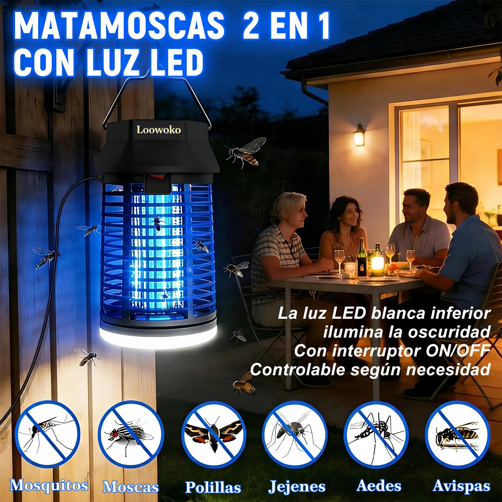 Loowoko Lampara Antimosquitos Electrico, 4200V Mata Mosquitos Electrico con Luz LED, Lampara Antimosquitos Exterior Interior