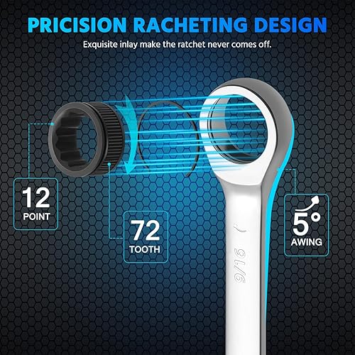 Miniatura 9 de DISEN Juego de 10 llaves de trinquete SAE y métricas con organizador de estante, acero CR-v premium, 12 puntos, 72 dientes, extremo de caja