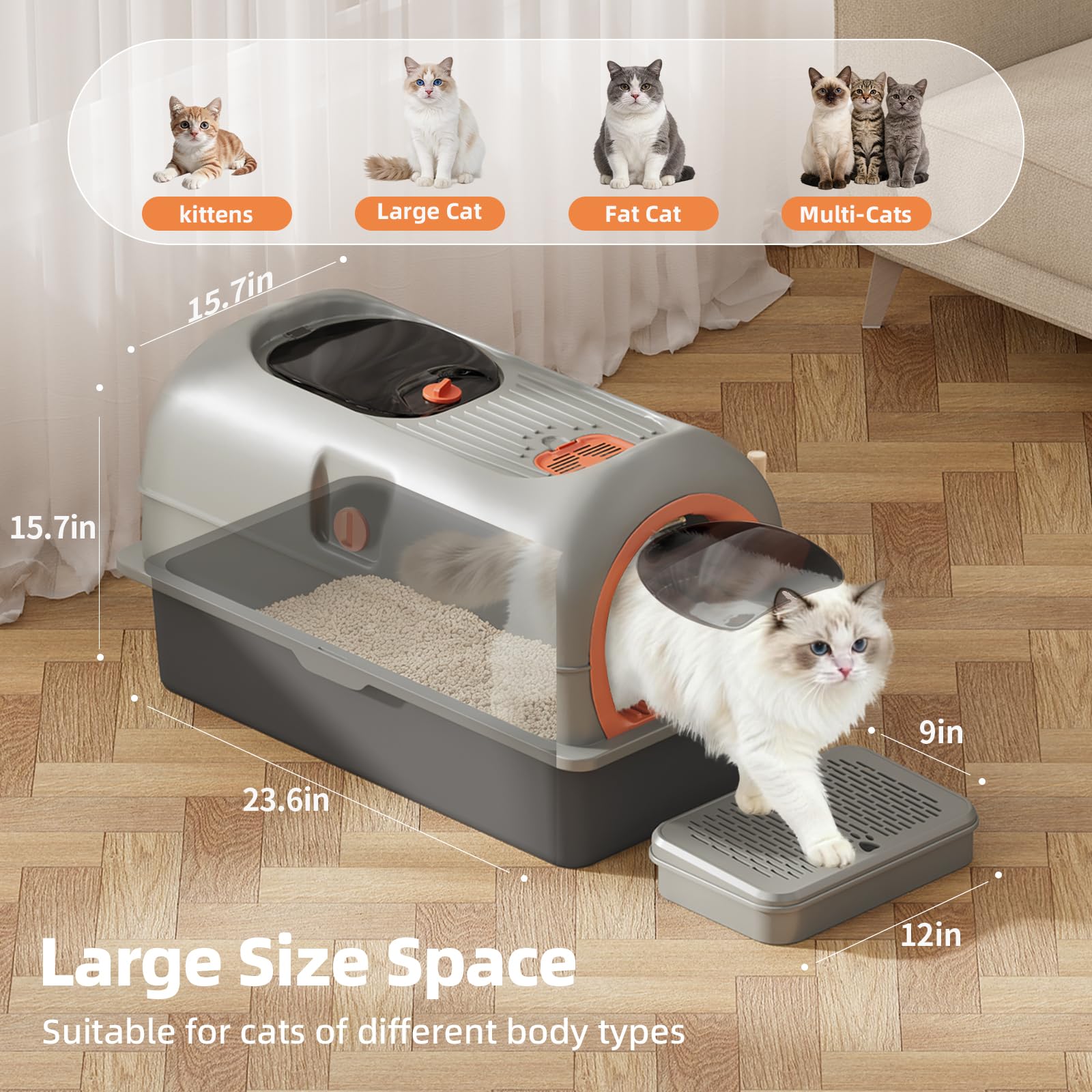EchoSmile Stainless Steel Cat Litter Box with Lid, Large Enclosed Litter Box Top Entry for Big Cats & Kitty, Non Stick Metal Litter Box with Scoop & Foot Pedal, Odor Free, Anti-Leakage, Grey - image 8