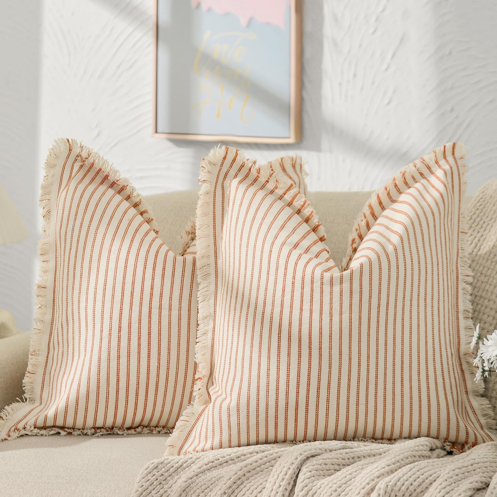 ZWJD Throw Fall Pillow Covers 24x24 Set of 2 Striped Pillow Covers with Fringe Chic Cotton Decorative Pillows Square Cushion Covers for Sofa Couch Bed