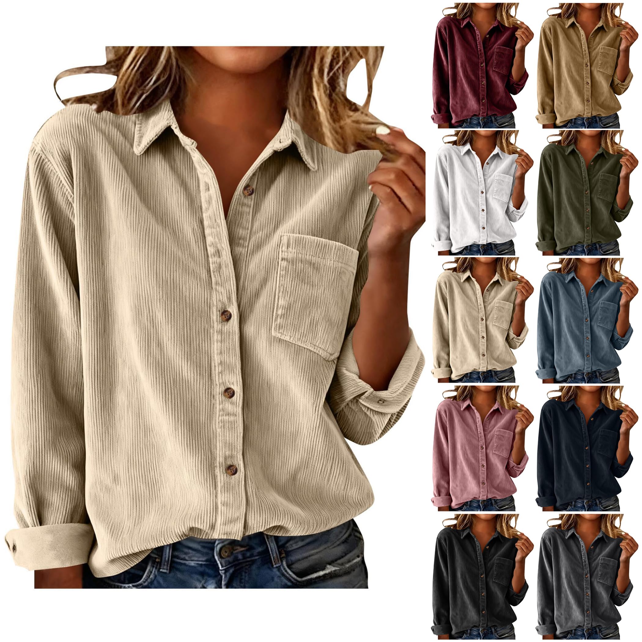 Veste Femme Velours Côtelé Mi-Saison Surchemise Boutonné à Col Revers Manches Longues Haut Ample Poches Blouson Décontractée Printemps et Automne Chemise-Veste Coupe Légère Confortable Quotidien